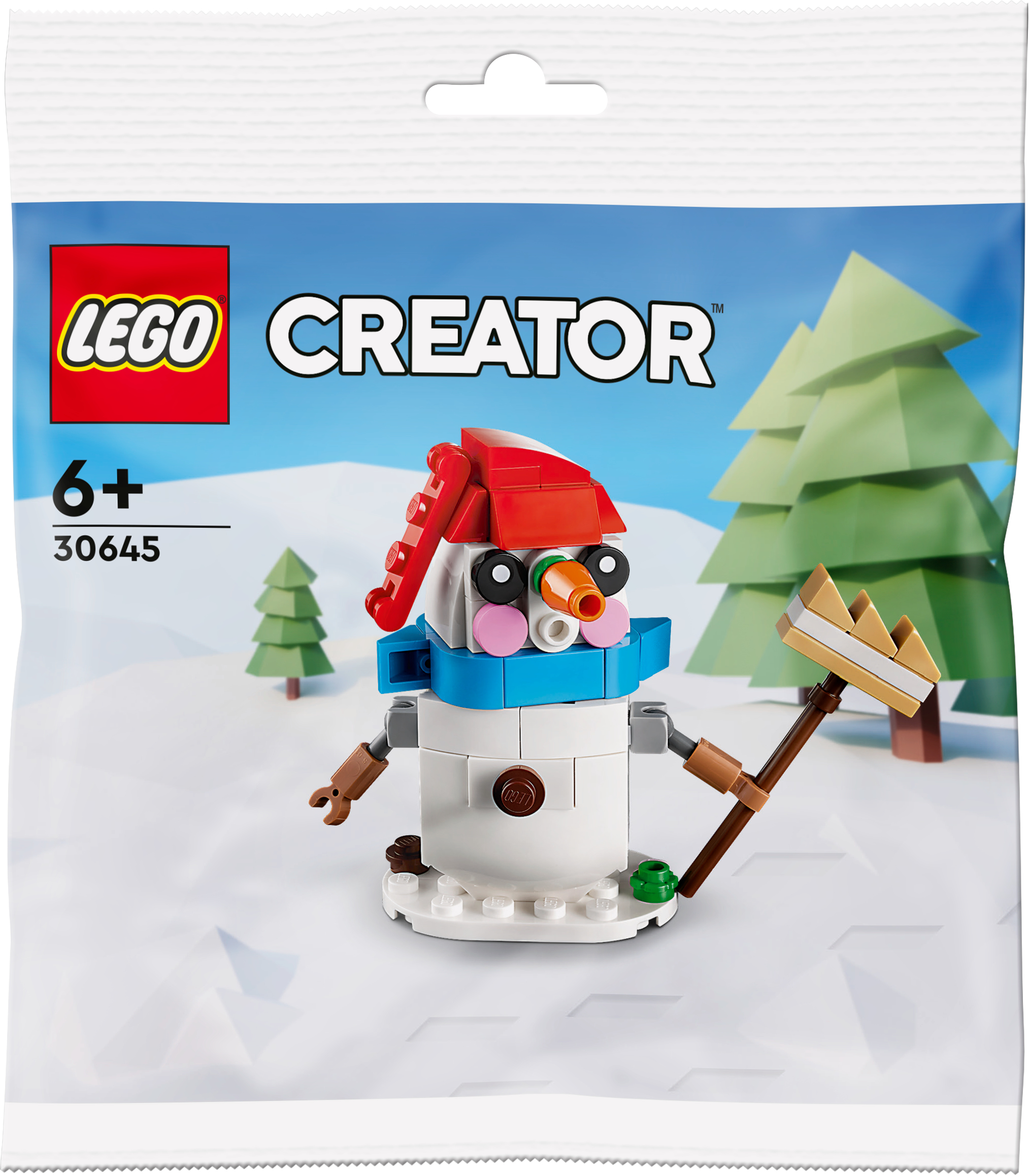 Bir çantada LEGO Creator kardan adam seti. Kırmızı şapkalı ve mavi atkılı bir kardan adam, kış sahnesinde.