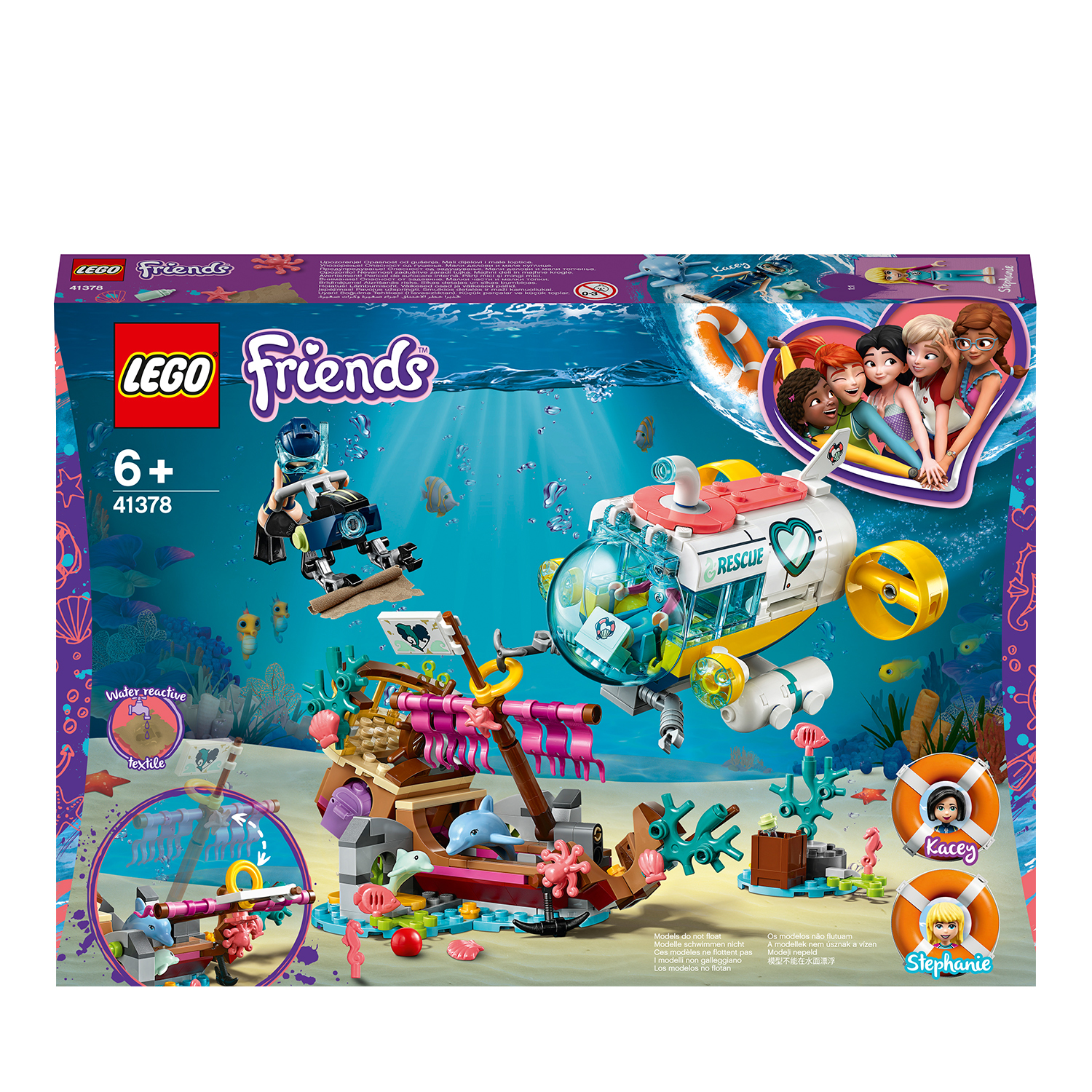 Set Lego con un sottomarino, una scena subacquea e varie figure e vita marina.