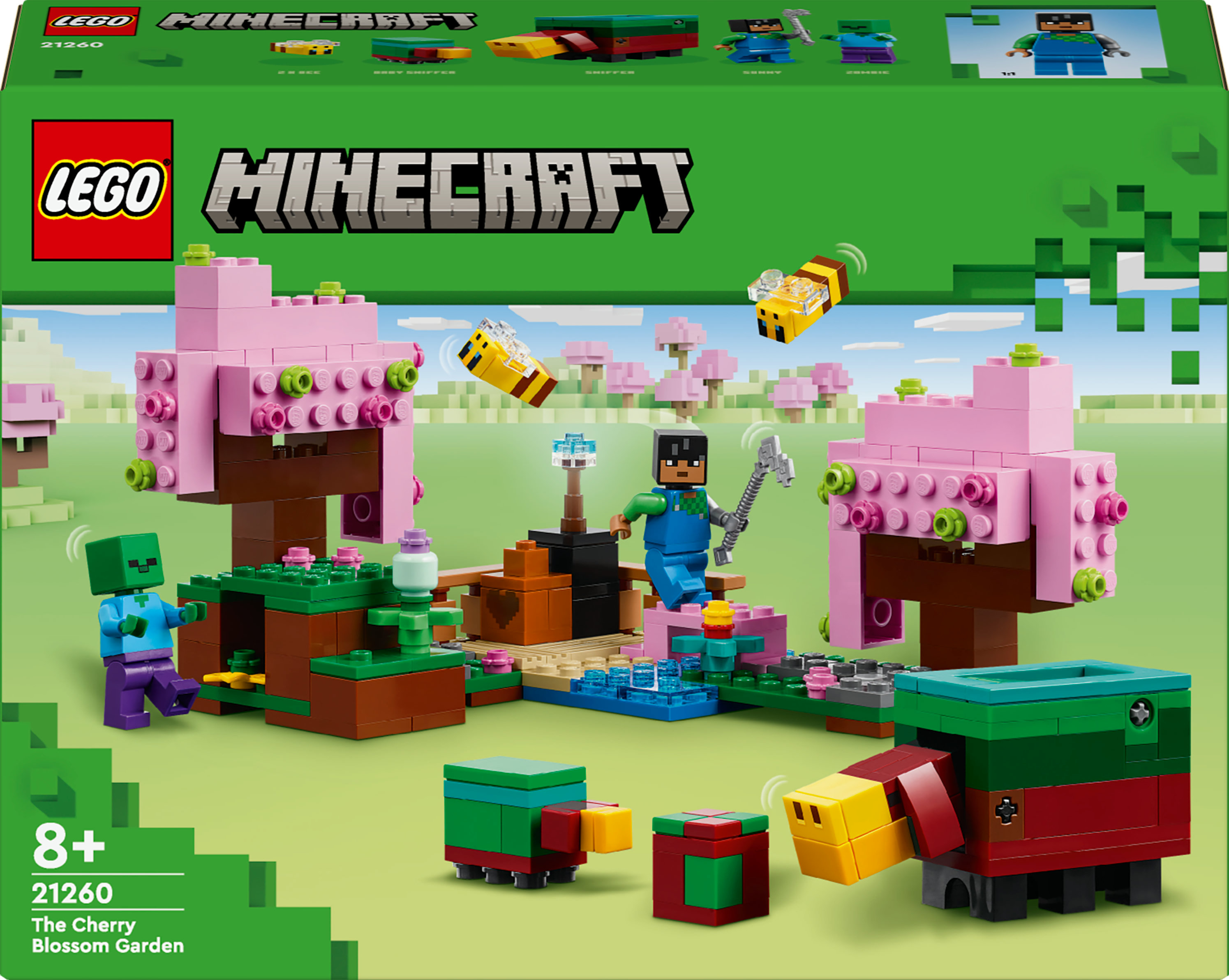 LEGO Minecraft set in doos. De doosafbeelding toont een Minecraft-scène met personages, bijen en een kersenbloesemtuin.