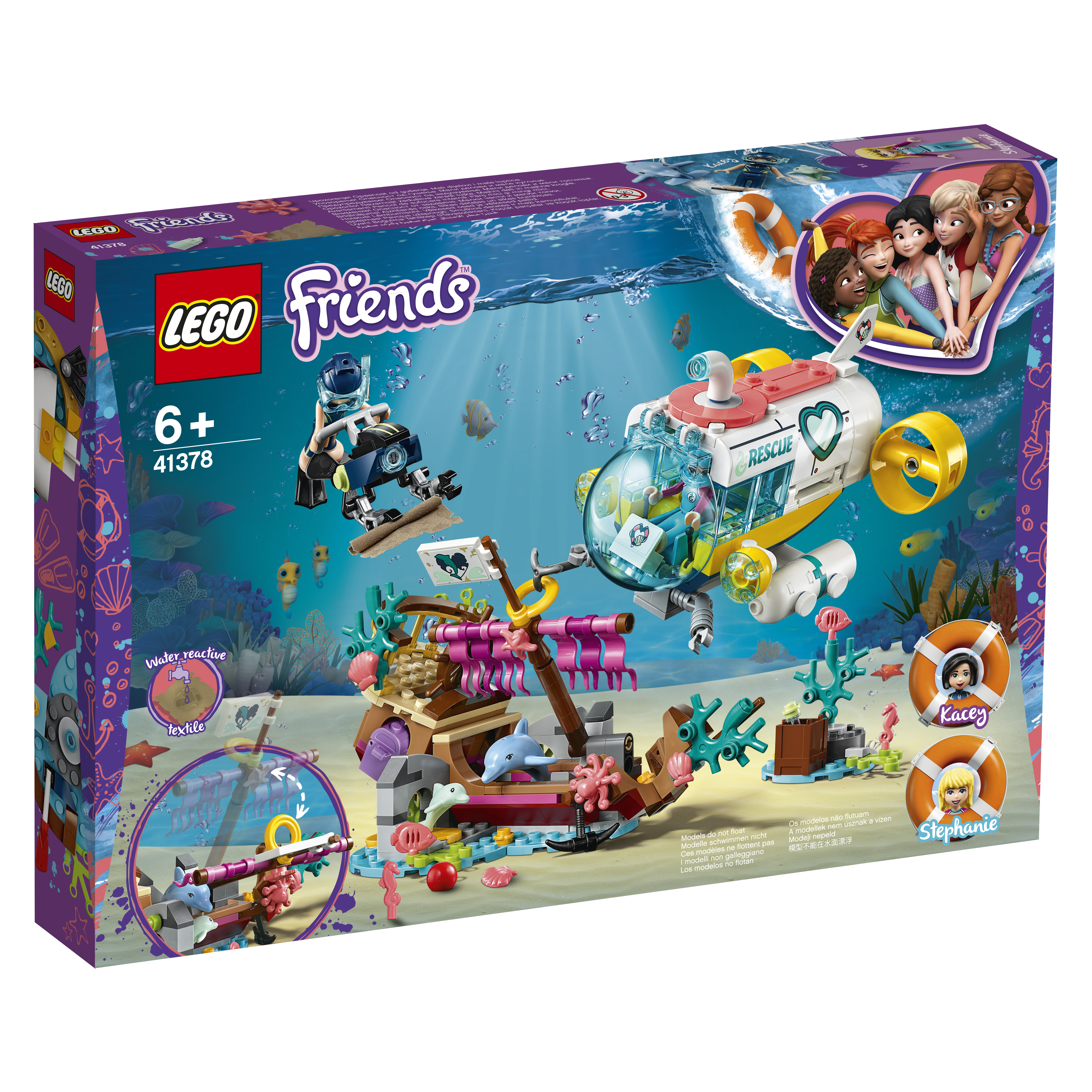 Set Lego Friends con un sottomarino, una barca e delle figure, su una scatola.