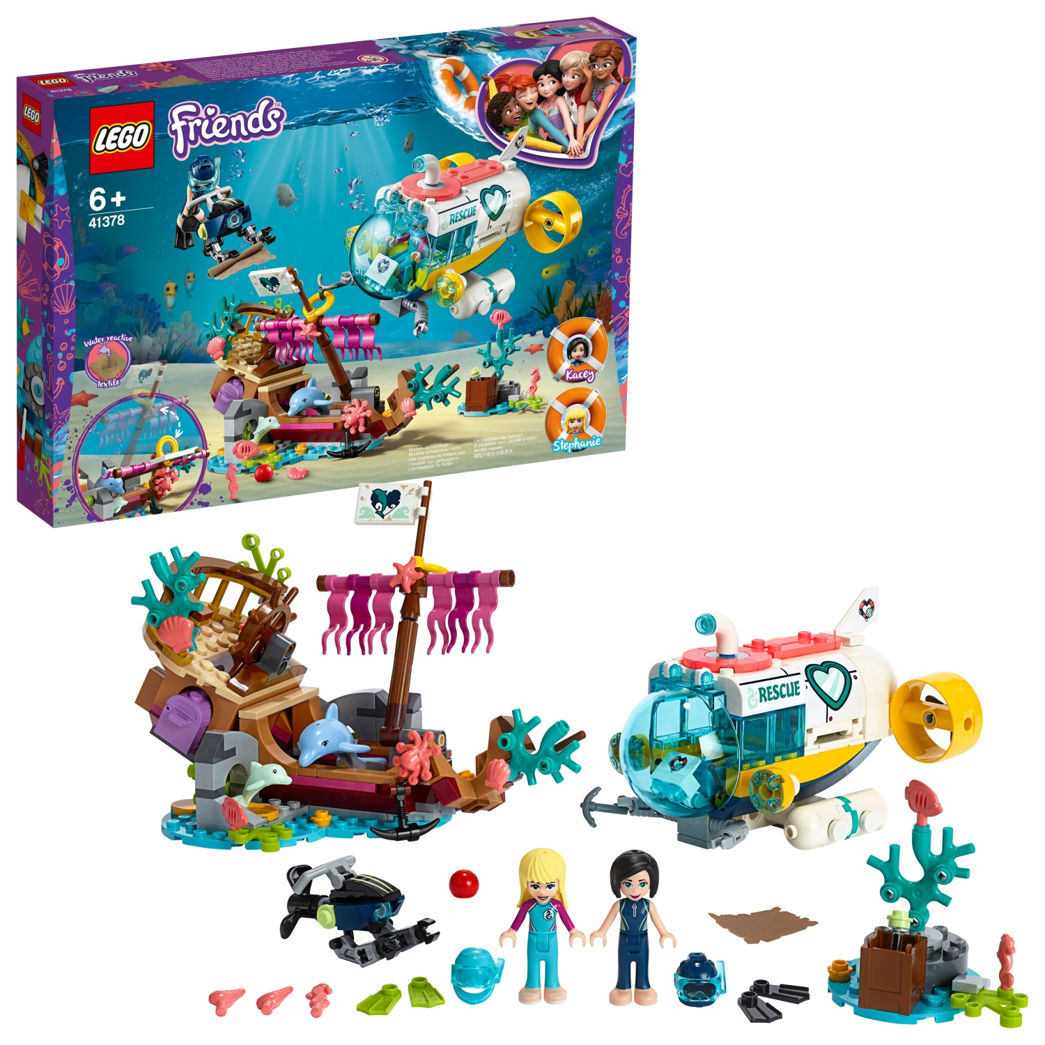 Set di salvataggio sottomarino LEGO Friends. Include sottomarino, relitto, personaggi e accessori.