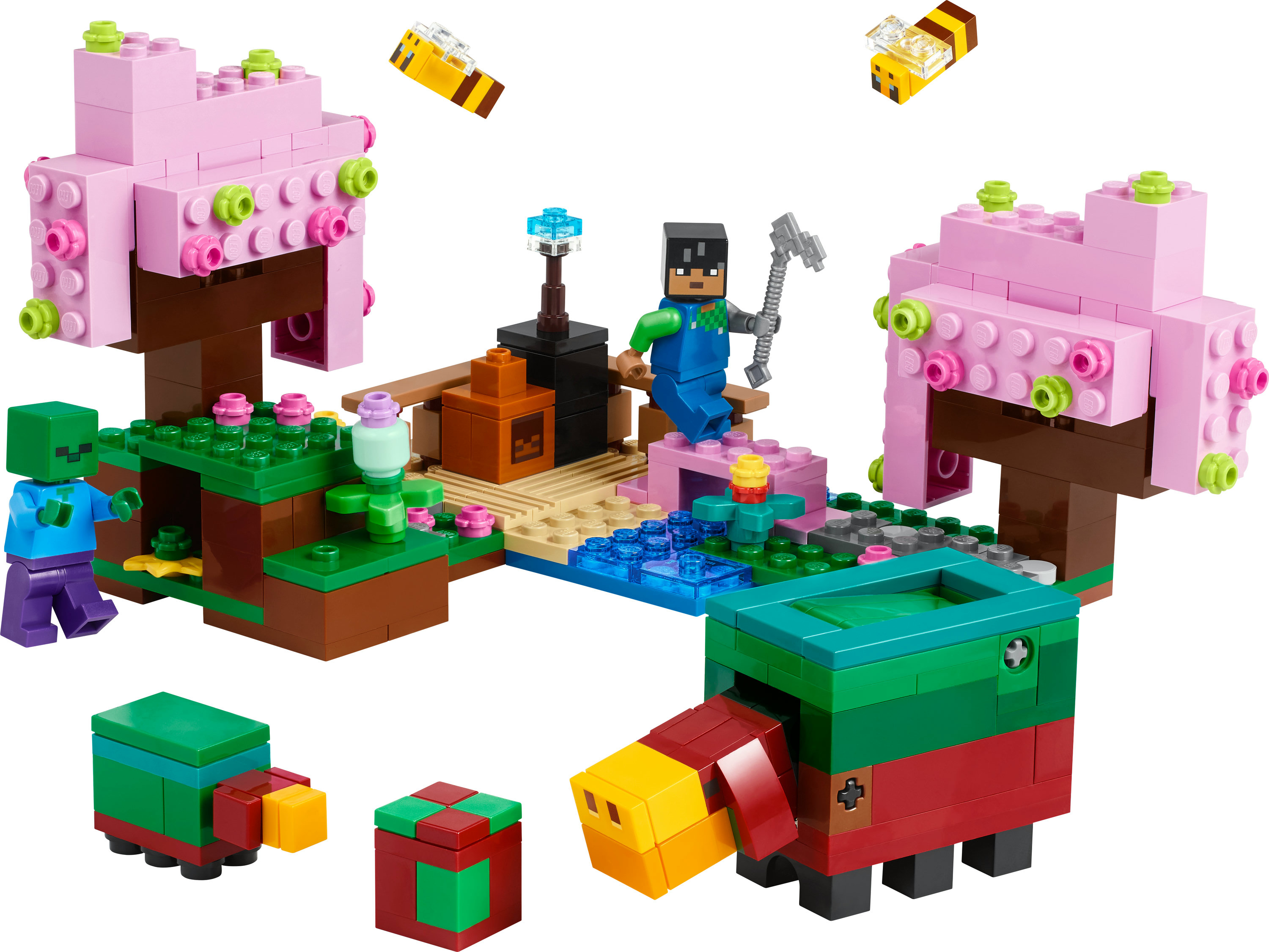 LEGO Minecraft set. Bevat personages, blokken en bijen. Met bomen, een vijver en diverse Minecraft figuren.