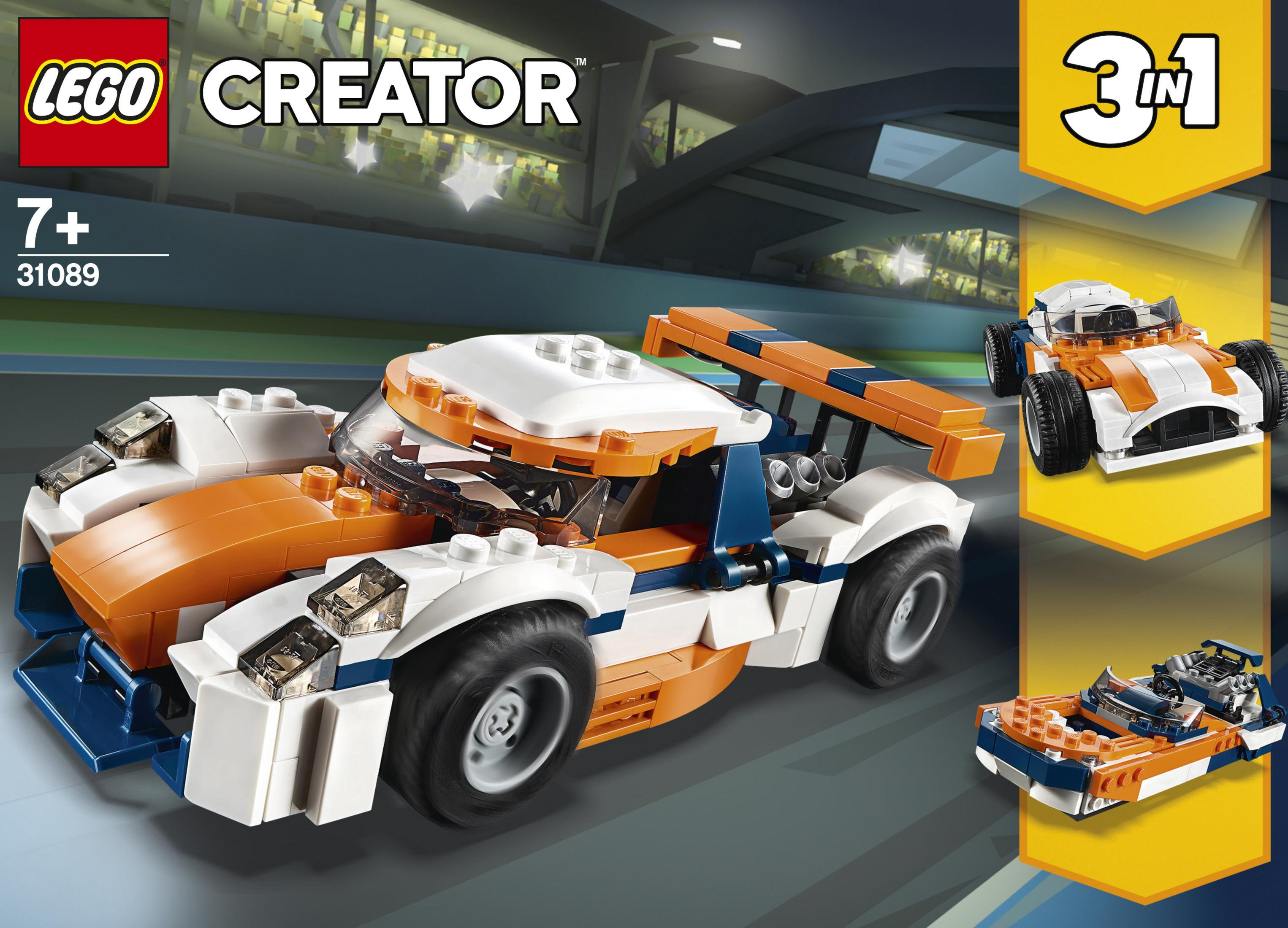 Set LEGO Creator. Auto da corsa bianca e arancione con opzioni aggiuntive.
