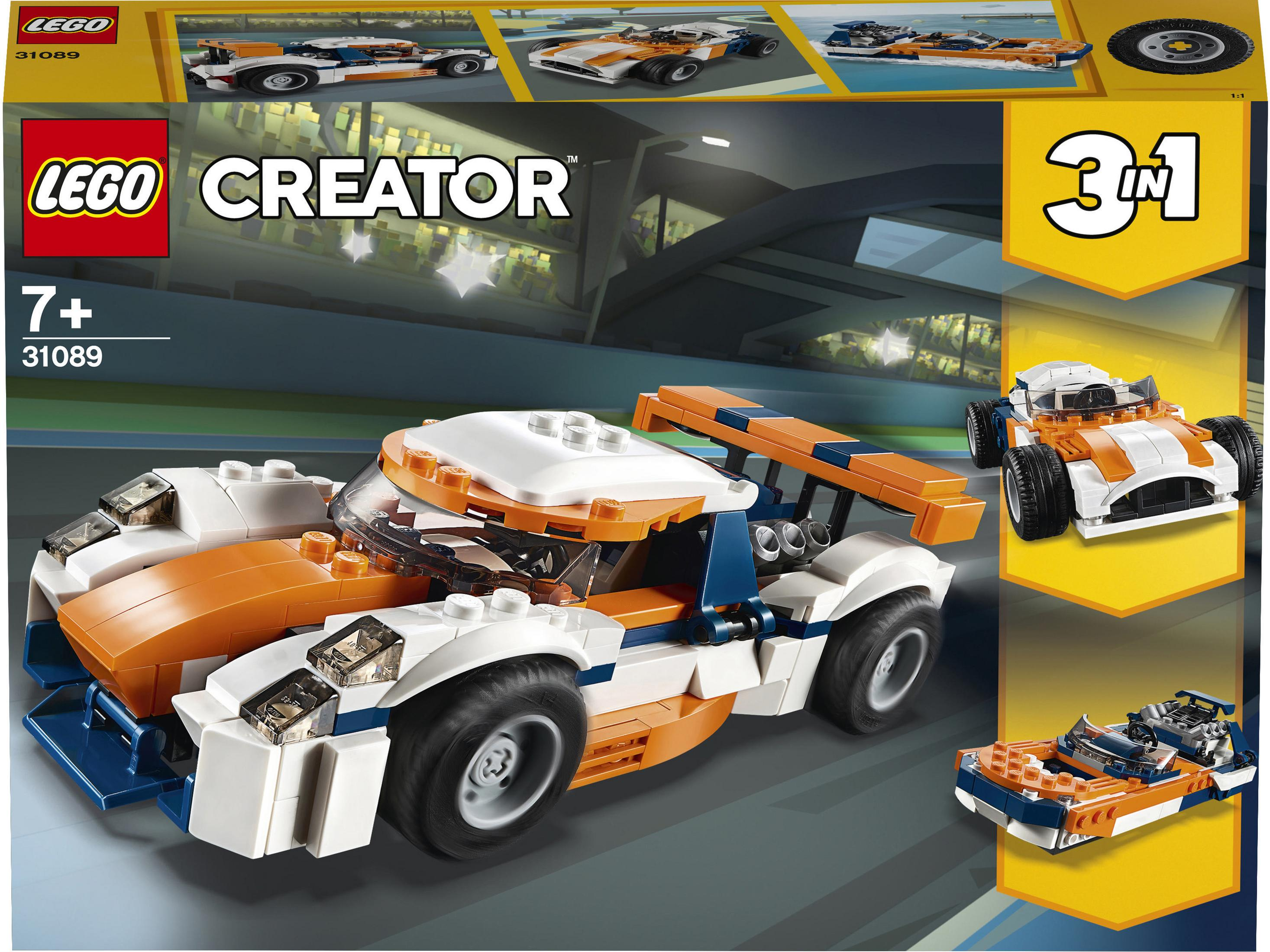 Un set di auto da corsa Lego arancione e bianco con più opzioni di costruzione.