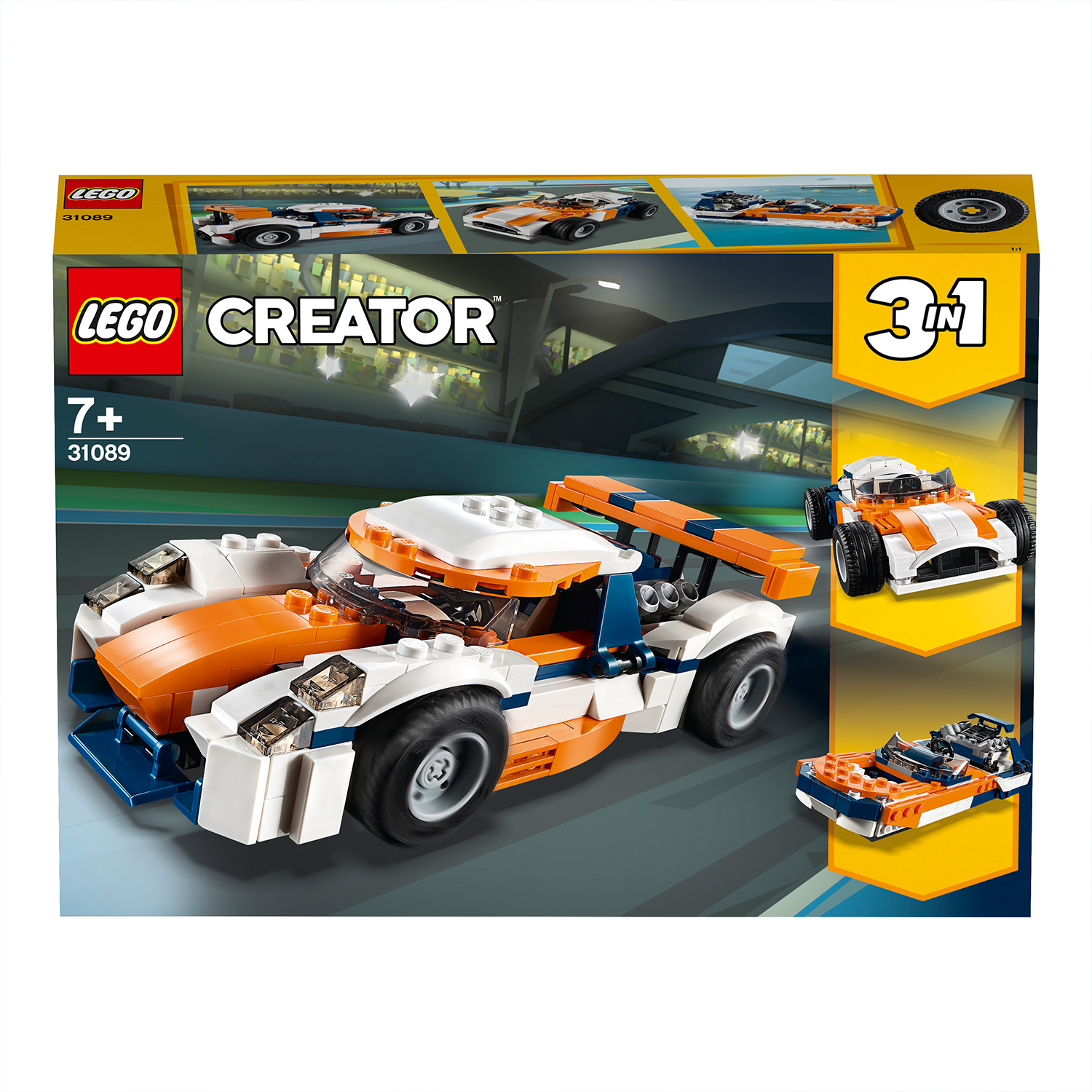 Set Lego Creator 3-in-1 auto da corsa con tre opzioni di modello di auto.