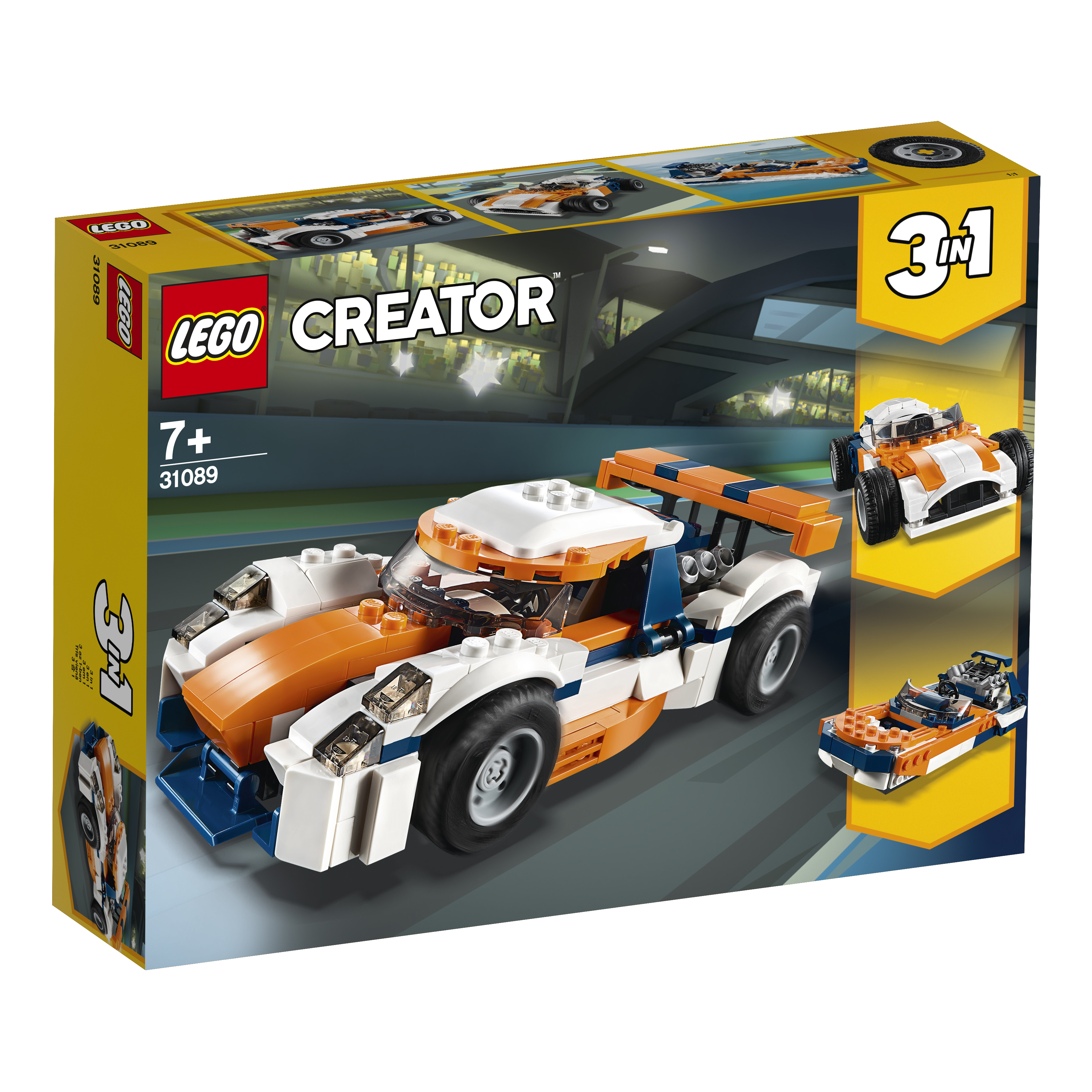 Scatola auto da corsa arancione e bianca Lego Creator 3 in 1. Vengono mostrate diverse viste dell'auto.