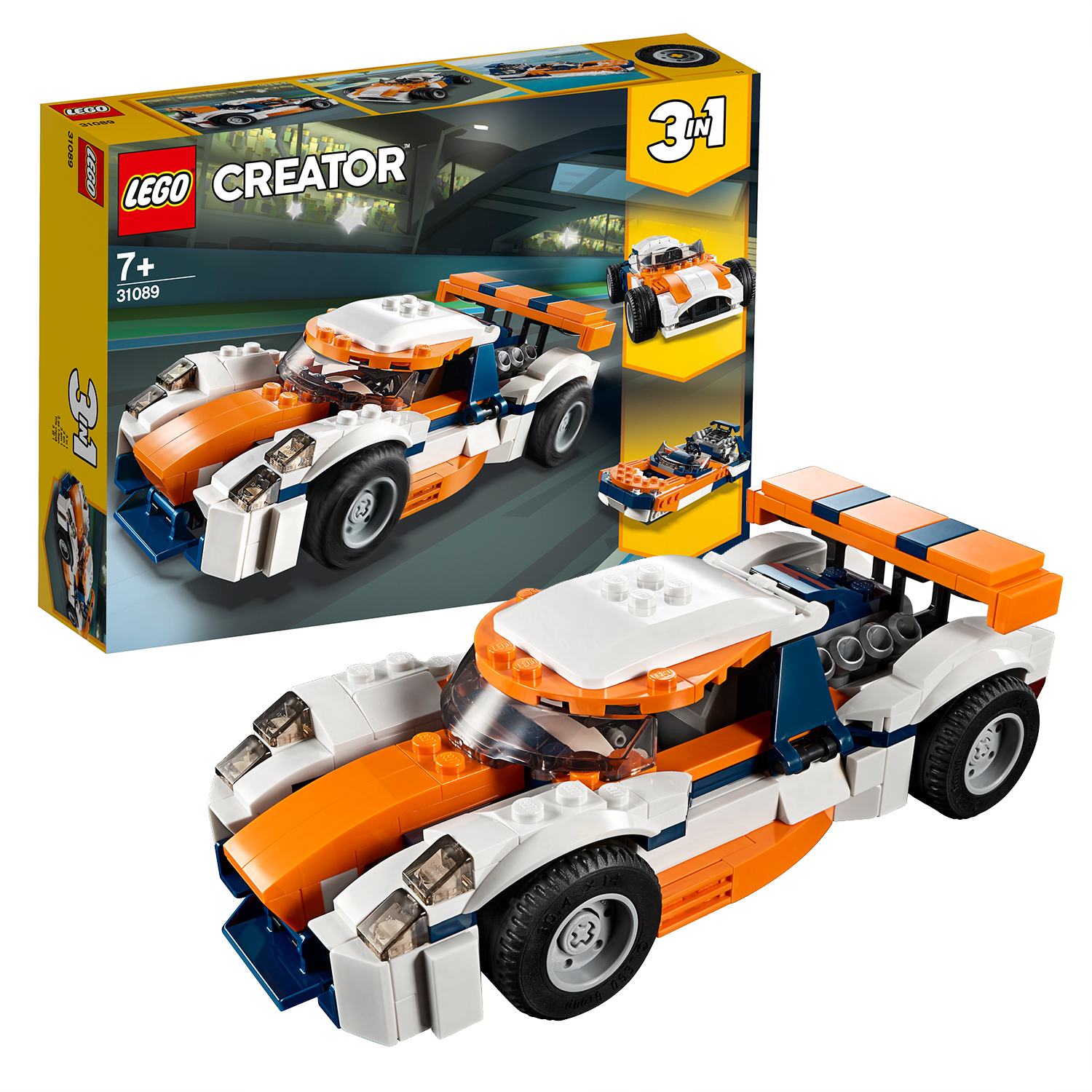 Set LEGO Creator auto da corsa arancione e bianca. Il set include l'auto e la scatola con l'immagine.