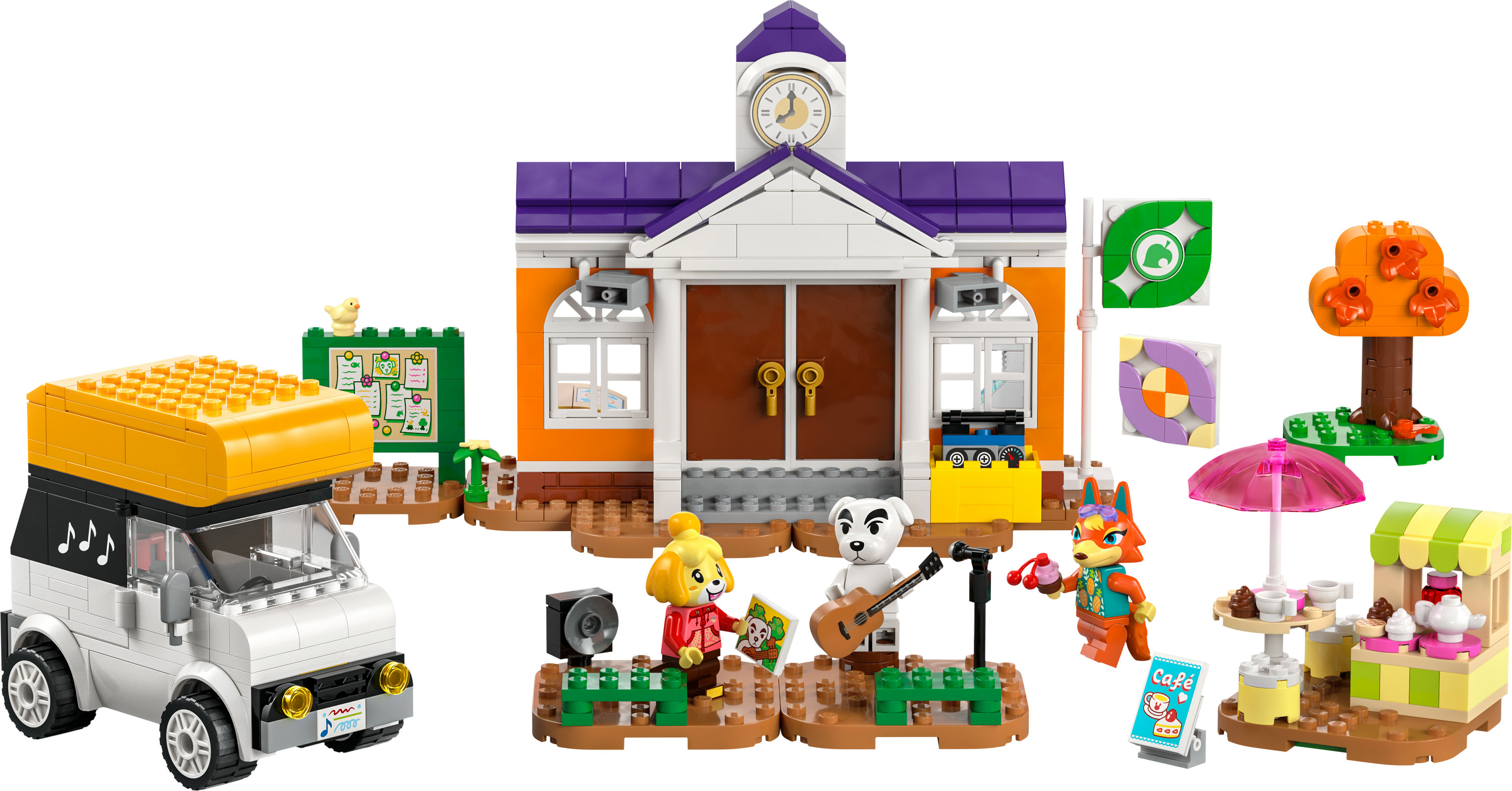 Okul, kafe ve figürlerle bir minibüsü tasvir eden bir LEGO Animal Crossing seti.
