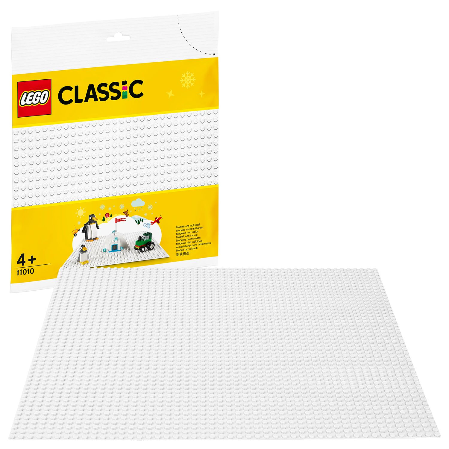 Eine LEGO-Grundplatte und eine Tüte mit LEGO-Steinen werden gezeigt, mit einem kleinen Modell auf der Platte.