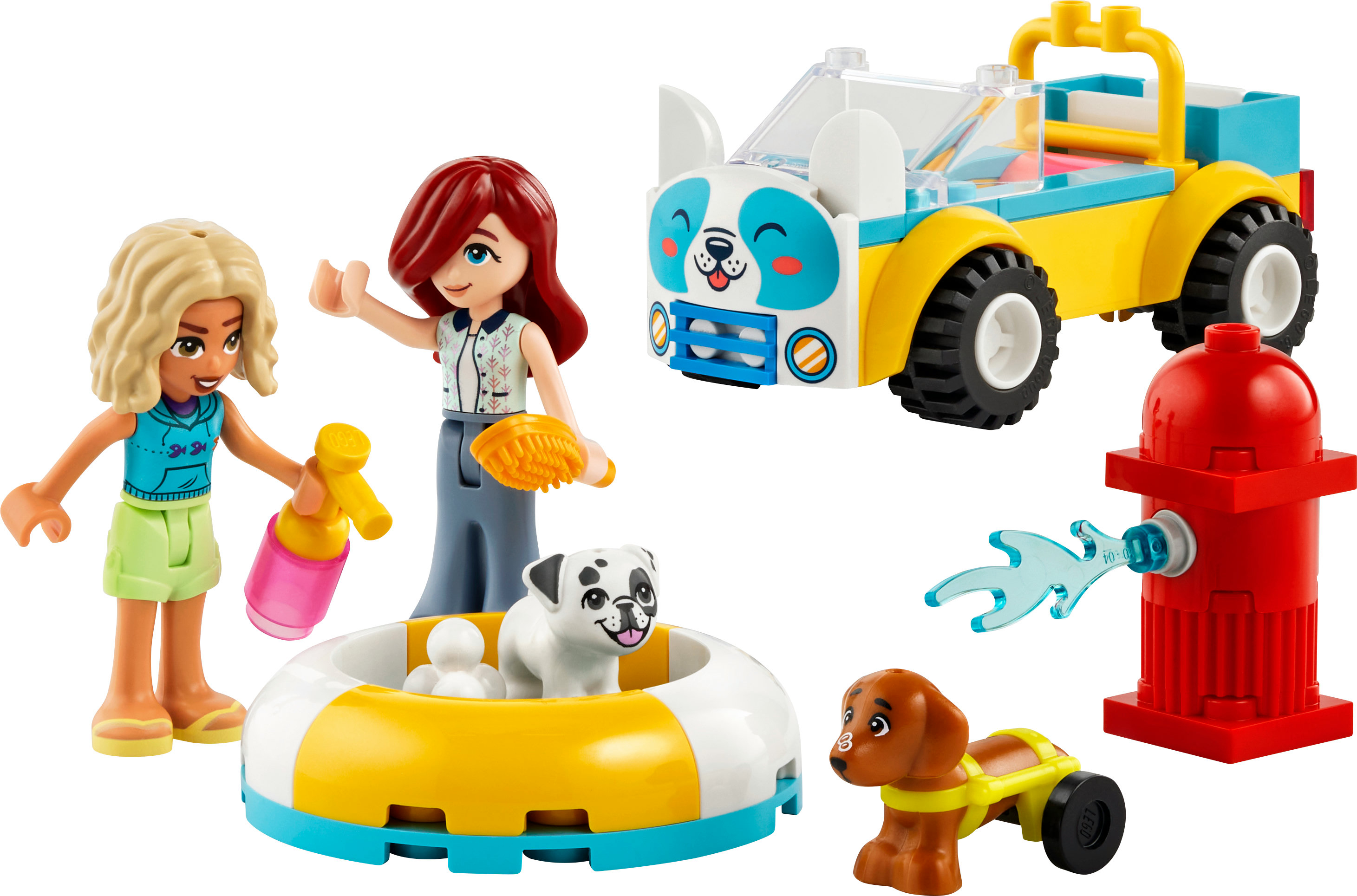 Zestaw Lego Friends z figurkami, samochodem, psem i hydrantem.