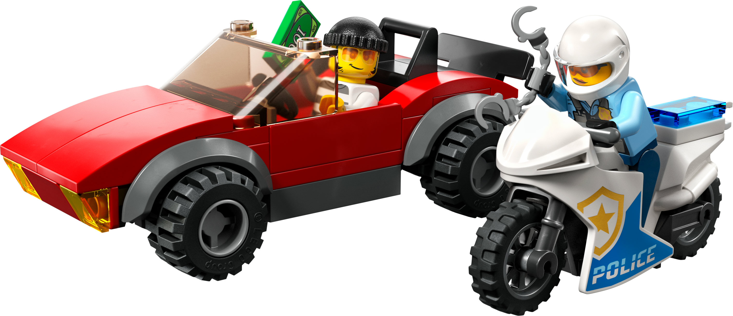 Lego City-set met een rode auto en een politie motor die de auto achtervolgt.