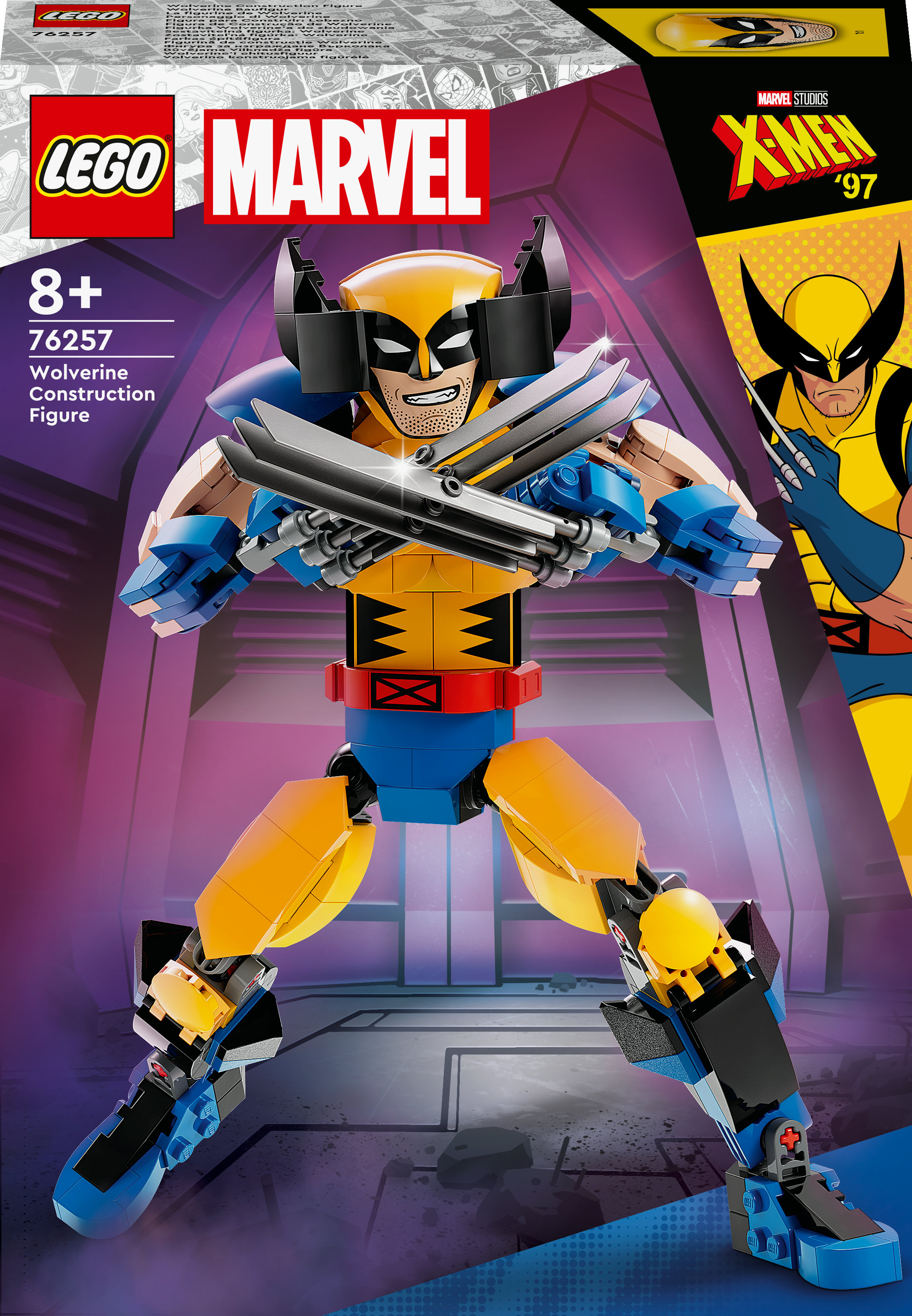 LEGO Marvel Wolverine Figur auf der Box. Wolverine ist gelb und blau mit Krallen und Maske.