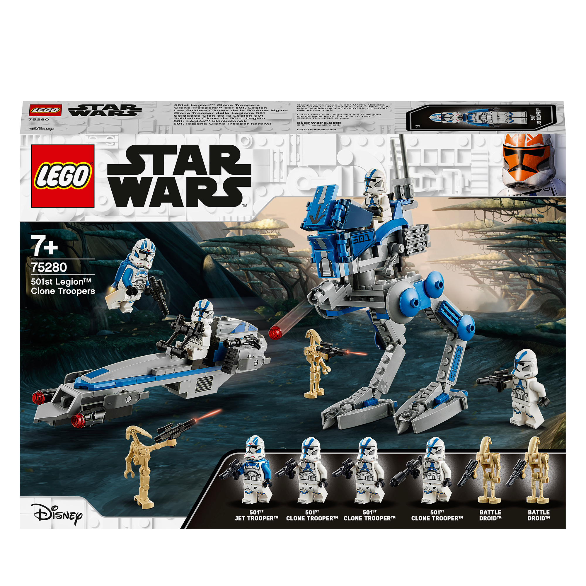 Ein Lego Star Wars Set zeigt mehrere Figuren und Fahrzeuge, darunter Klonkrieger und einen Walker.