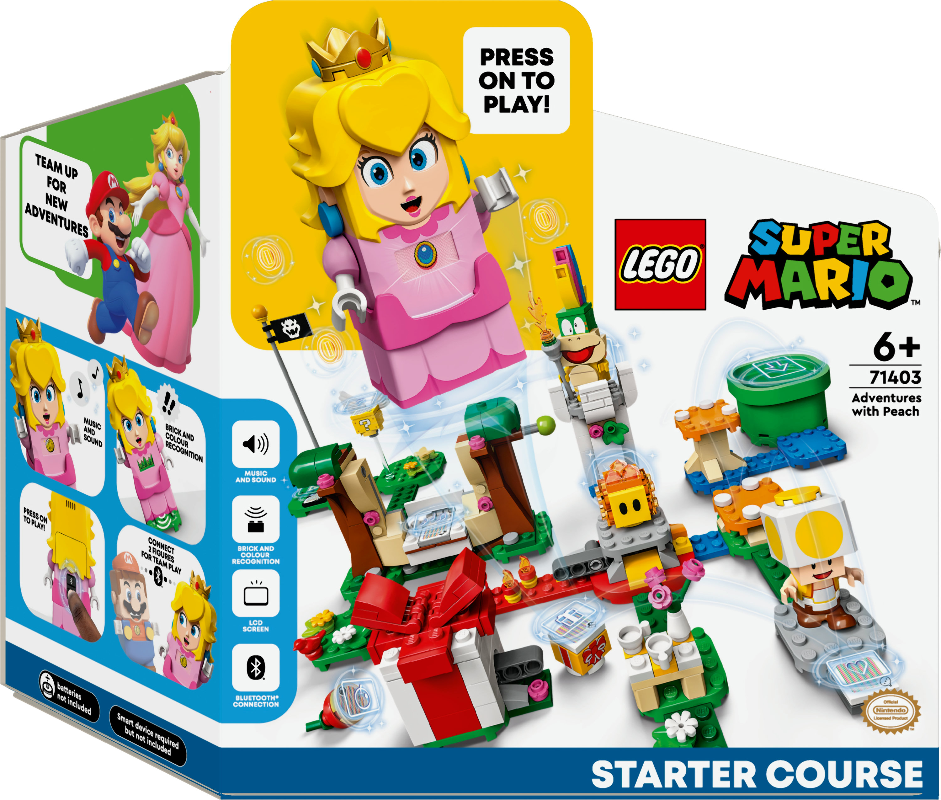 Een Lego Super Mario startcursusdoos. Met Prinses Peach en diverse spelelementen.