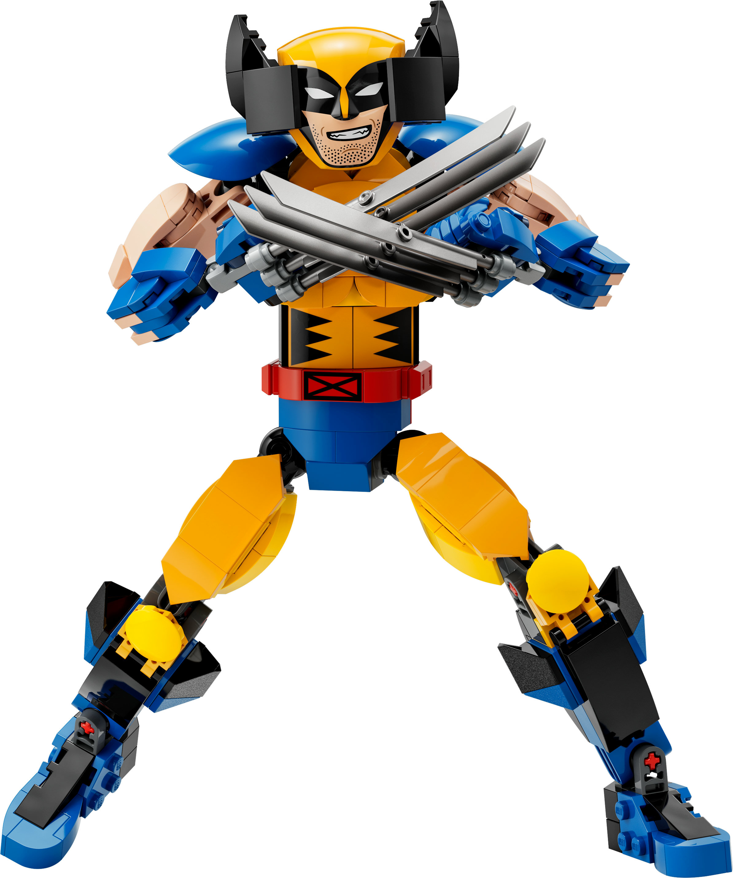 Lego Wolverine Figur in dynamischer Pose, gelb und blau, mit ausgestreckten Krallen.