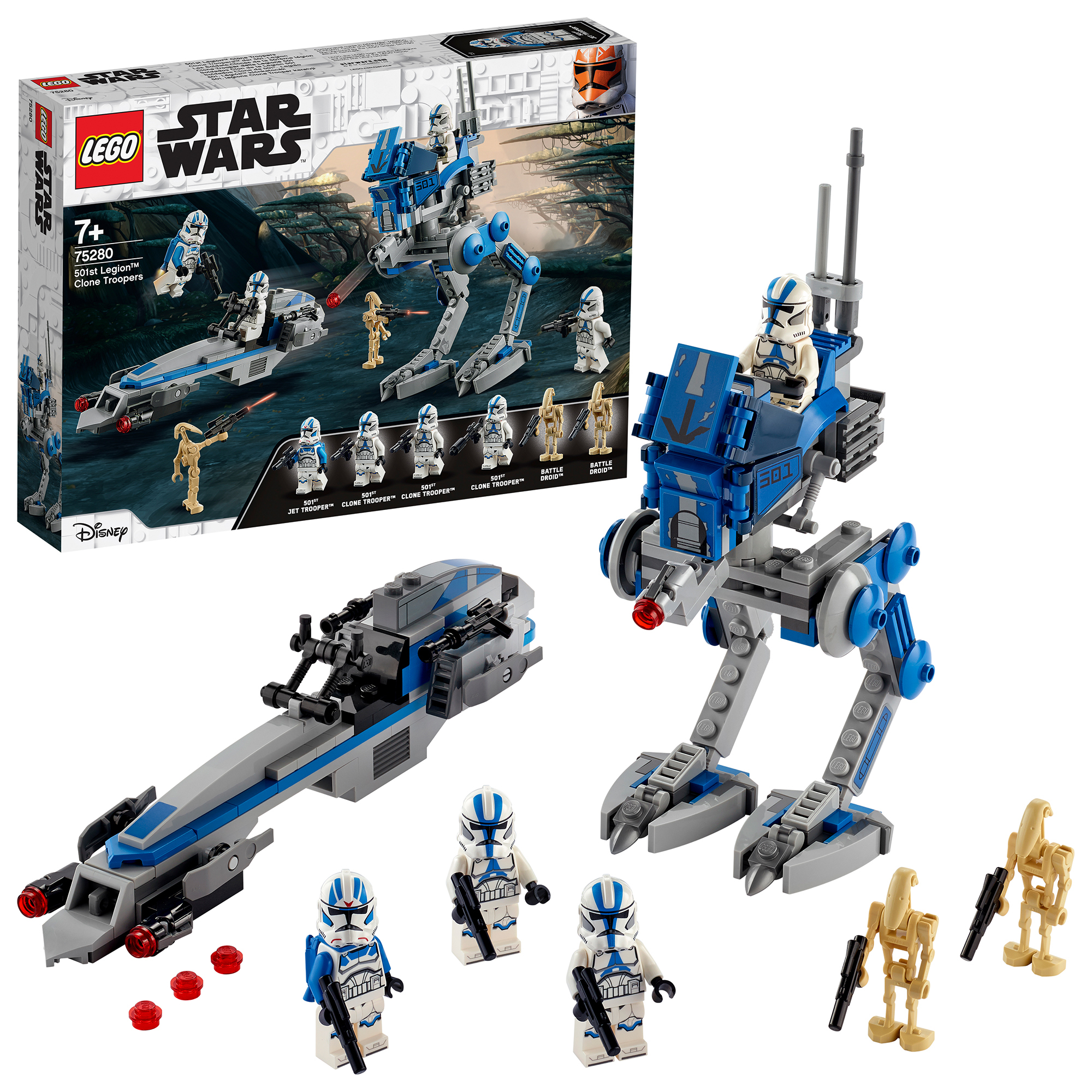 Lego Star Wars Set mit blau-grauen Fahrzeugen, Figuren und Box. Enthält Klonkrieger und Kampfdroiden.