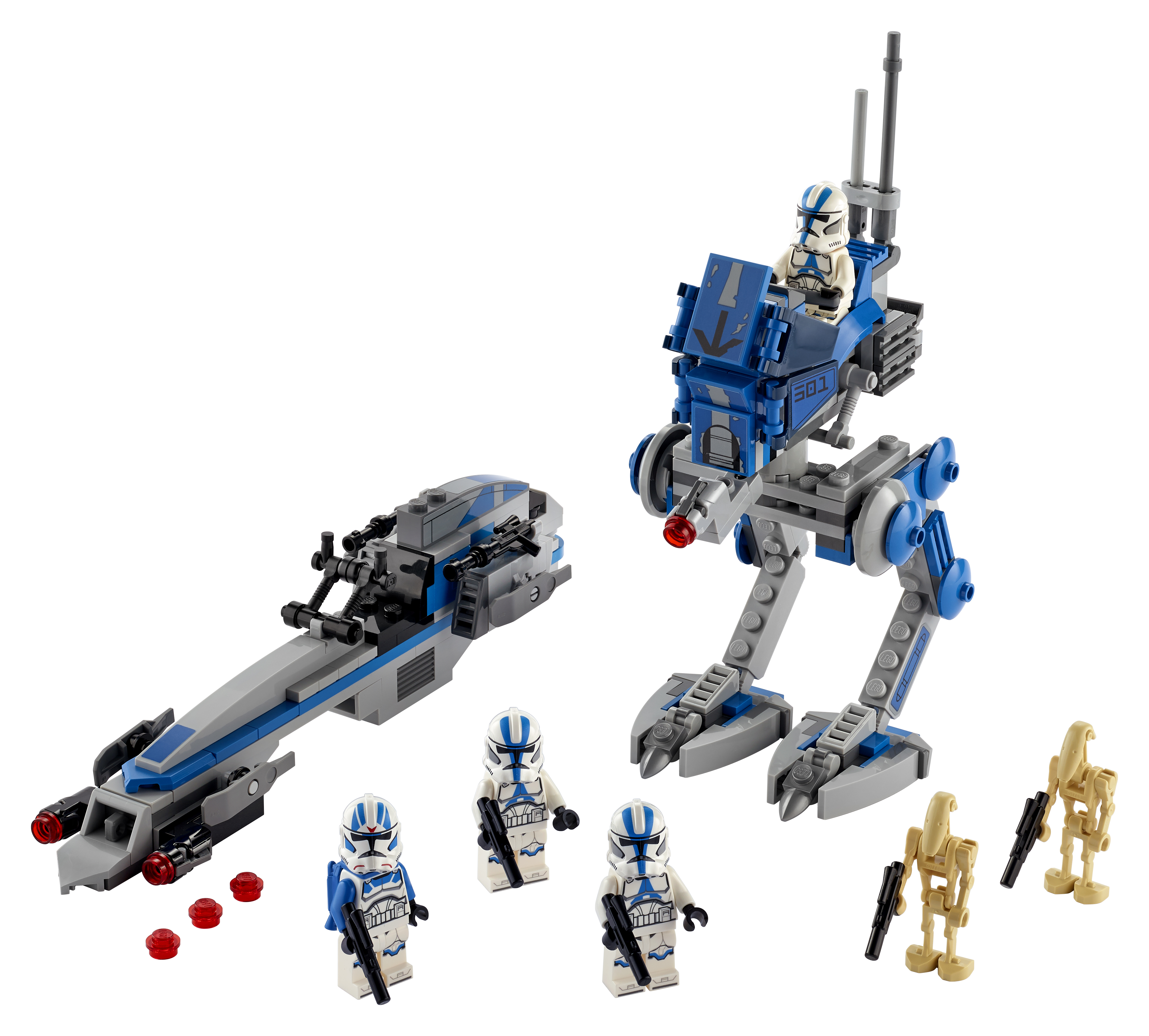 Lego-Set mit Klonkriegern und Fahrzeugen. Enthält ein Speederbike, einen Walker und mehrere Minifiguren.