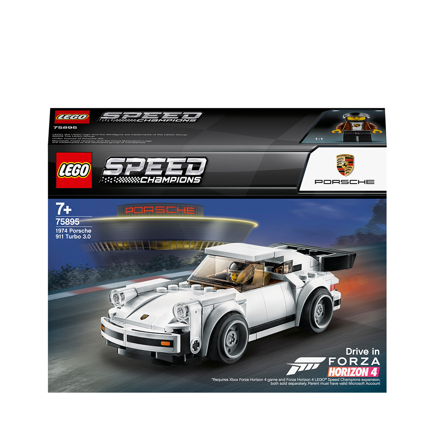 Una scatola del set Lego Speed Champions Porsche 911 Turbo 3.0 con un'auto giocattolo e una minifigure.