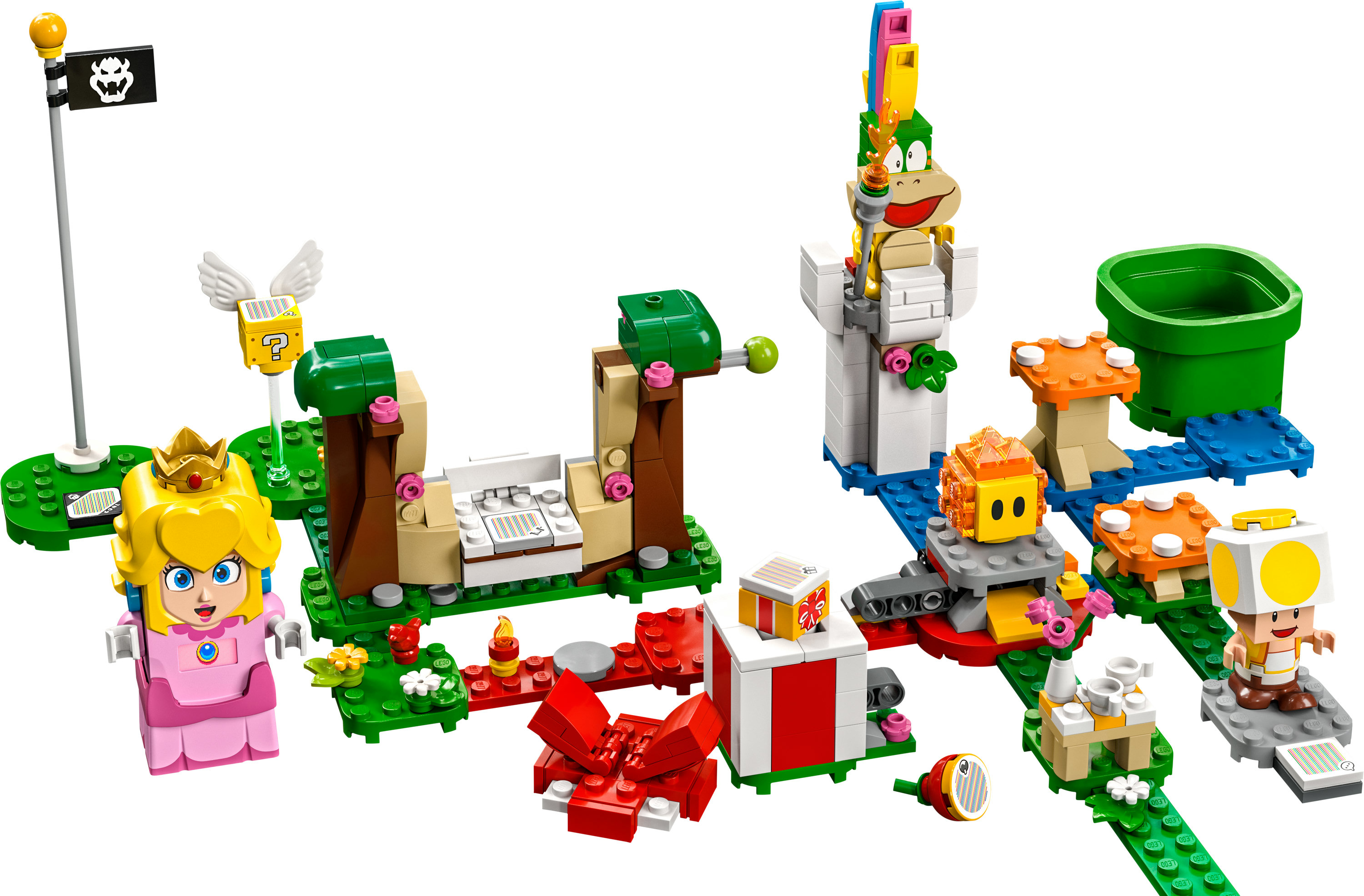 Een kleurrijke Lego-set met Prinses Peach, een vlag en verschillende Super Mario-personages en structuren.