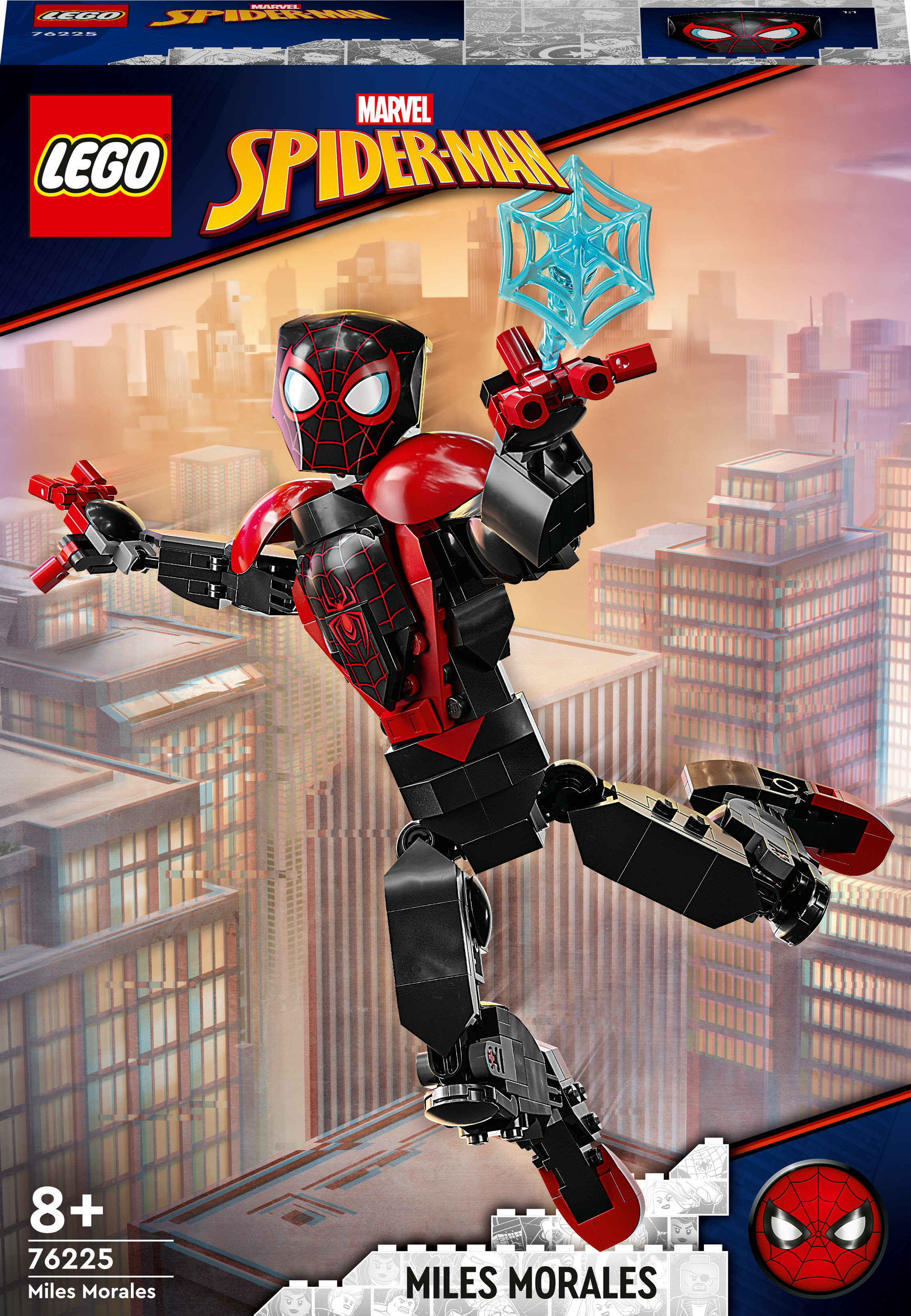 Lego-Set mit Spider-Man in dynamischer Pose, mit Stadtkulisse und dem Miles Morales-Label.