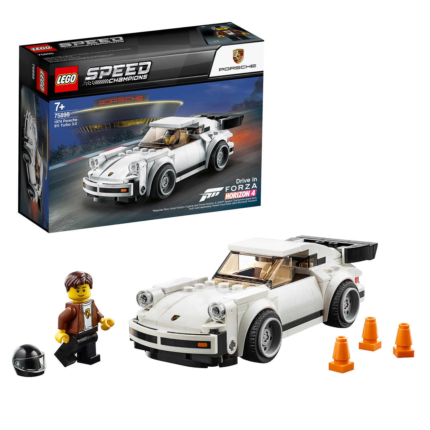 Set Lego di una Porsche 911 Turbo bianca. La confezione mostra l'auto che corre in una città di notte.