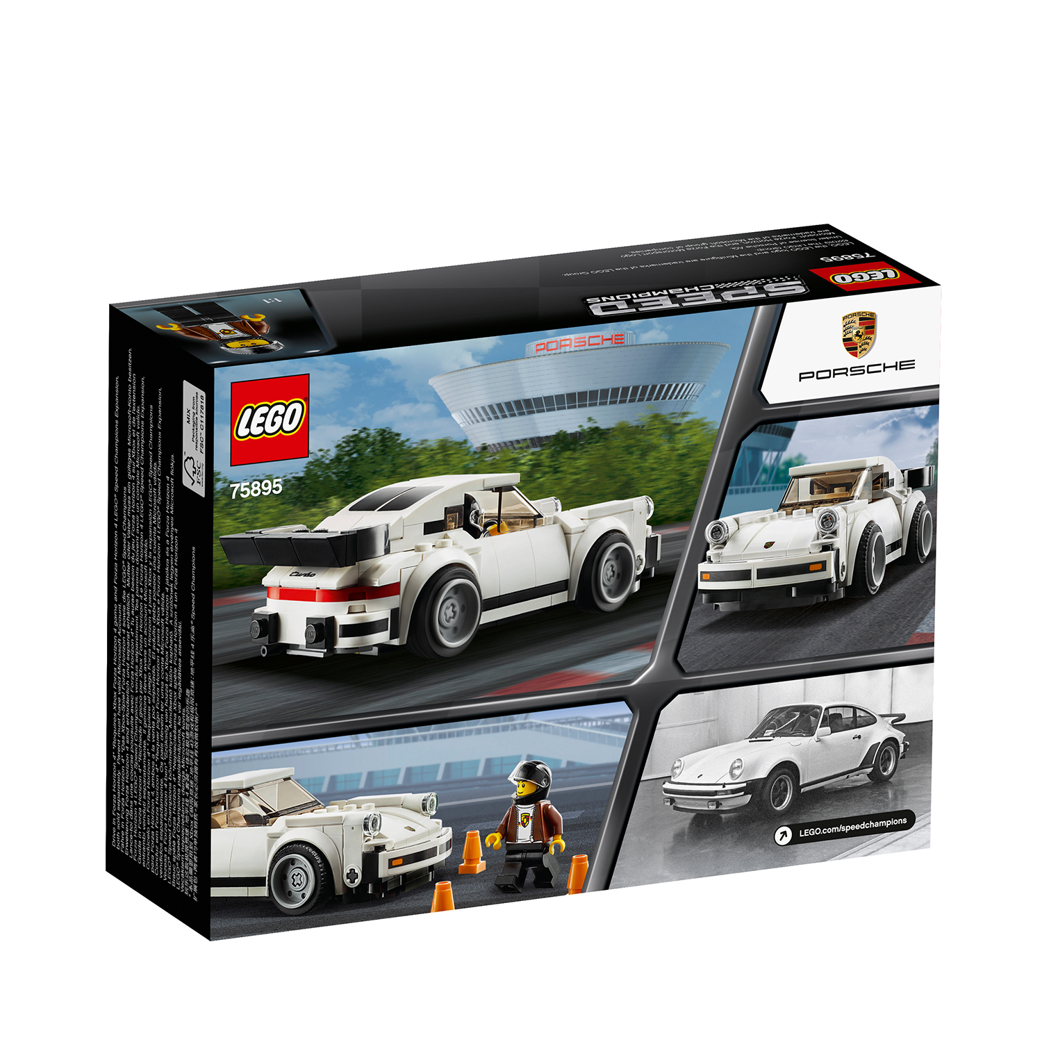Set Lego Porsche. Mostra l'auto su una pista. Include viste laterali e un personaggio.