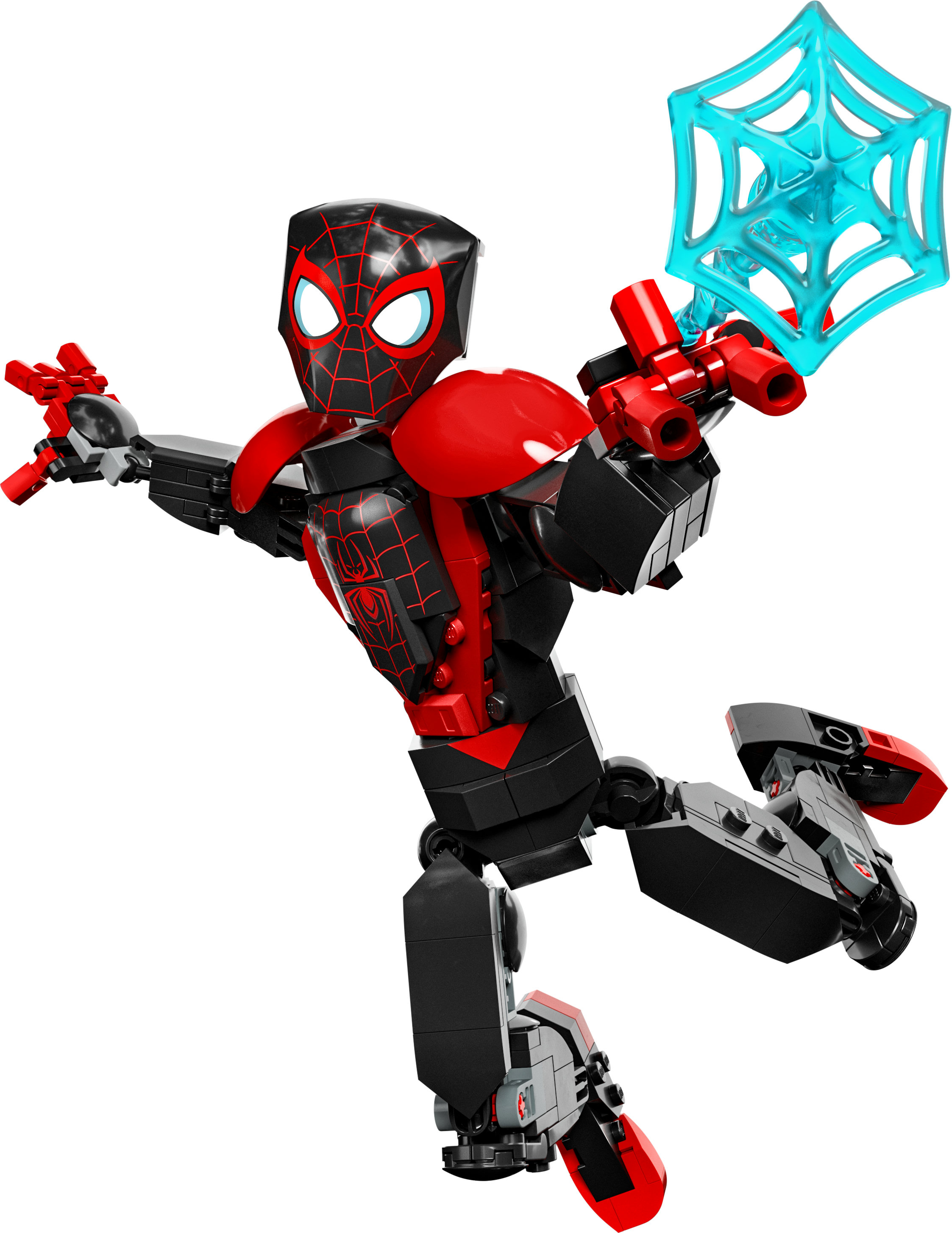 LEGO Miles Morales Spider-Man Figur in dynamischer Pose. Roter und schwarzer Anzug, mit blauem Web-Element und Web-Shootern.