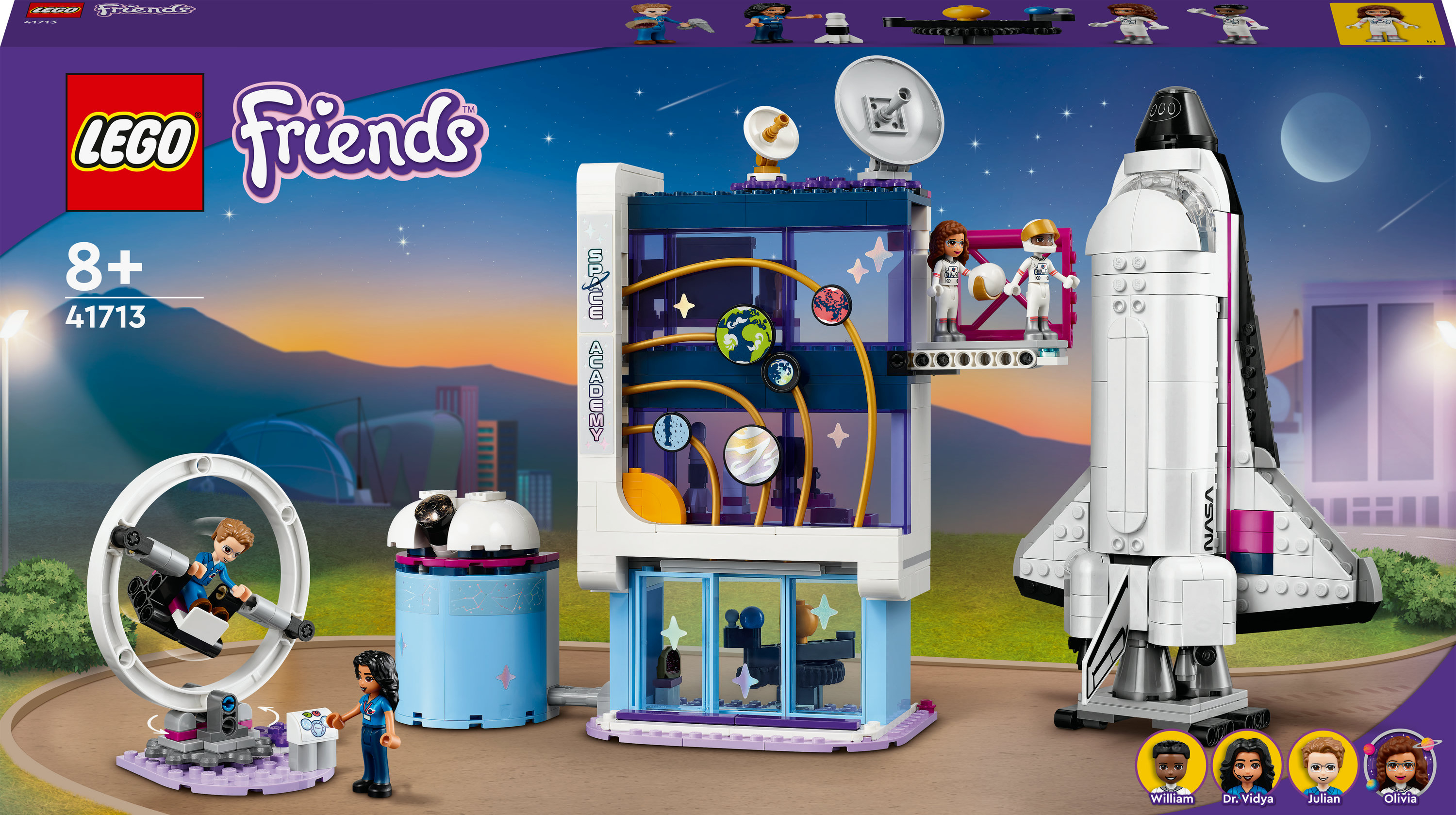Lego Friends Set. Space Academy. Enthält ein Space Shuttle, Figuren und Zubehör, vor einer Sonnenuntergangsszene.