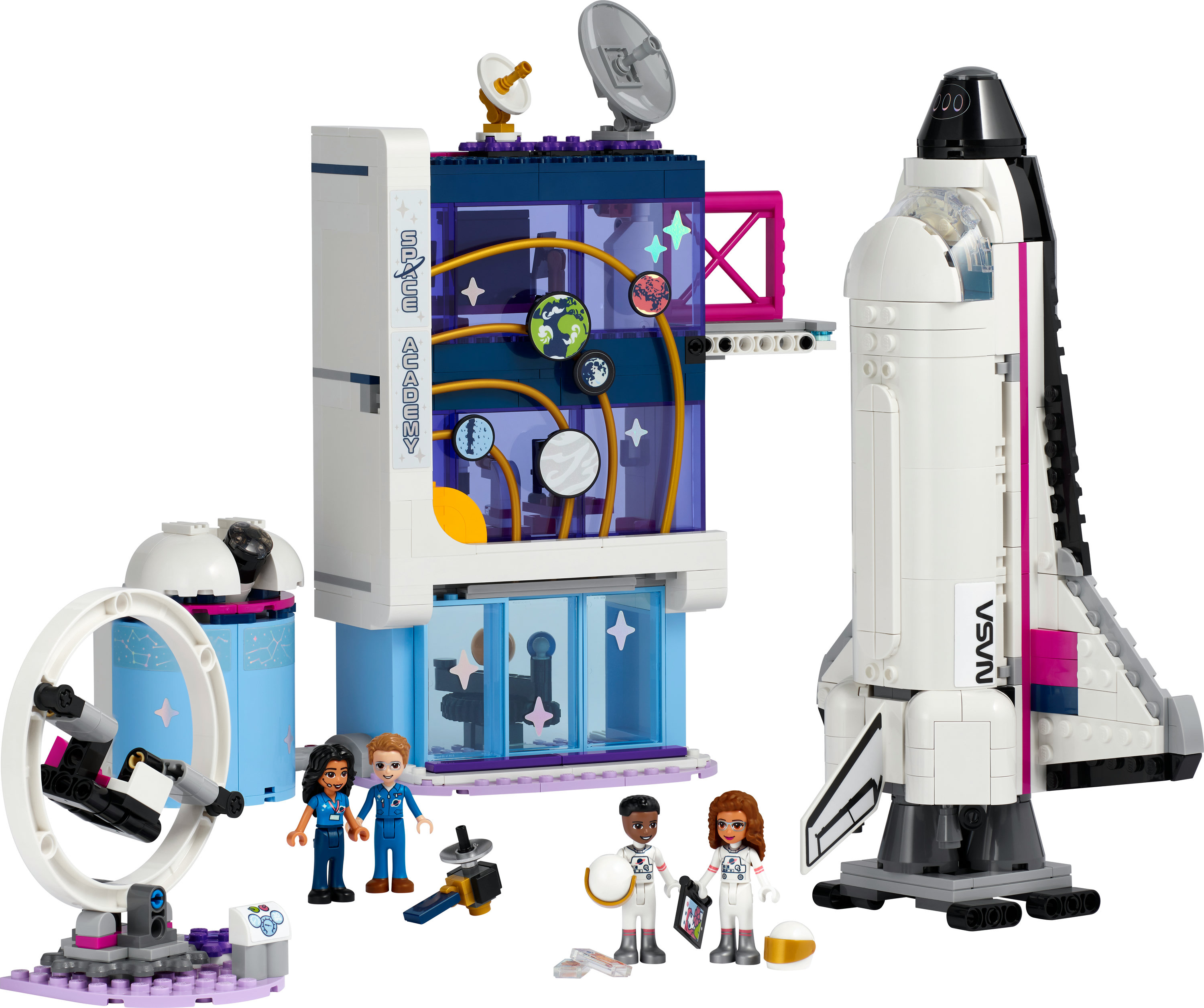 Lego-Weltraumstations-Set mit Astronauten, einem Space Shuttle und anderen Weltraum-Elementen.