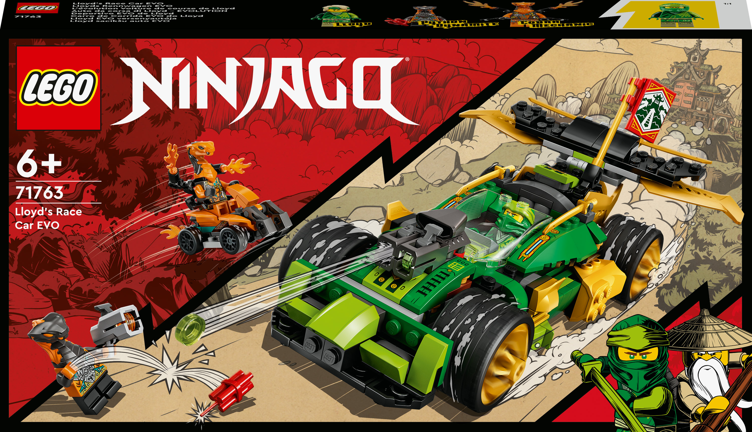 Lego Ninjago kutusu, yeşil ve altın renkli bir yarış arabası oyuncağı ve iki Lego minifigürü içeriyor.