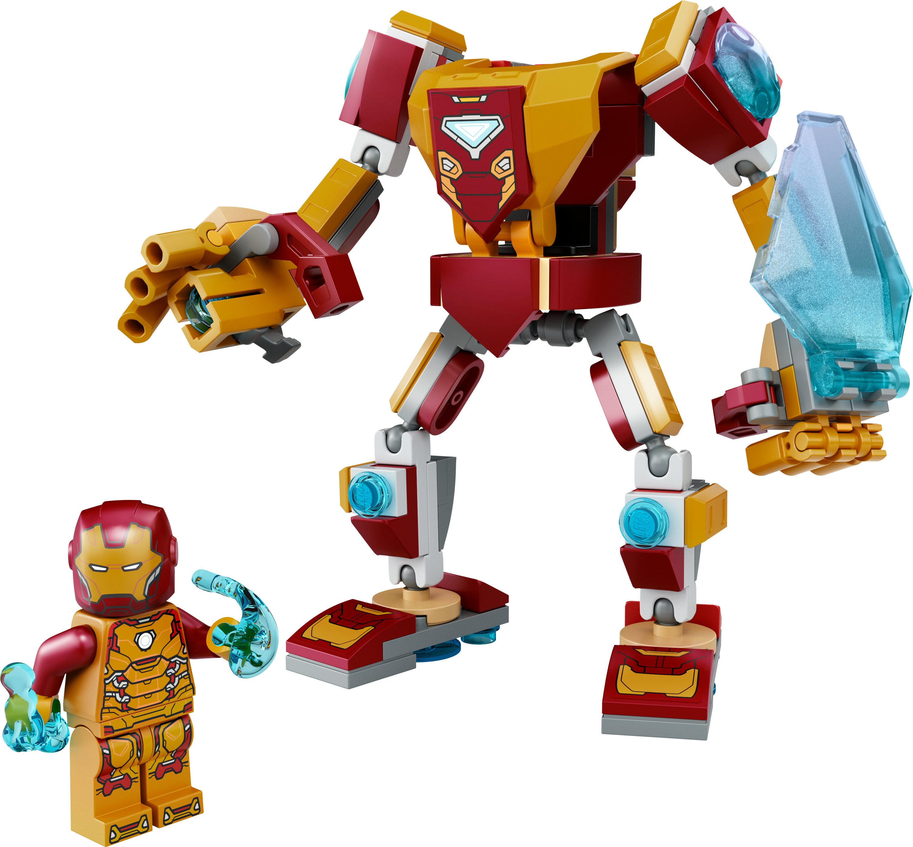 Figura di Lego Iron Man e robot mech in rosso, giallo e blu. Sfondo bianco.