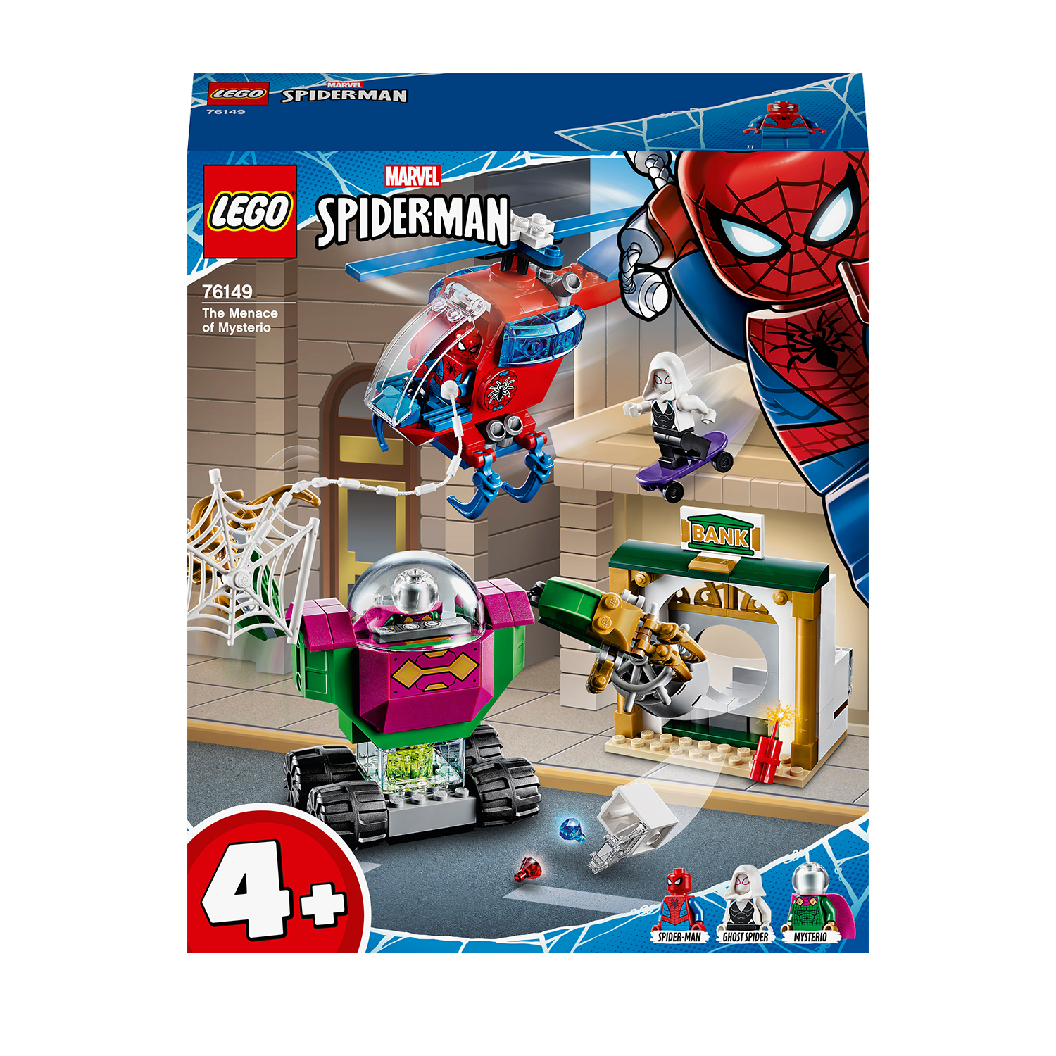 Lego Spiderman Set. Hubschrauber, Bank, Roboter, Spiderman, Ghost Rider und Mysterio Figuren.