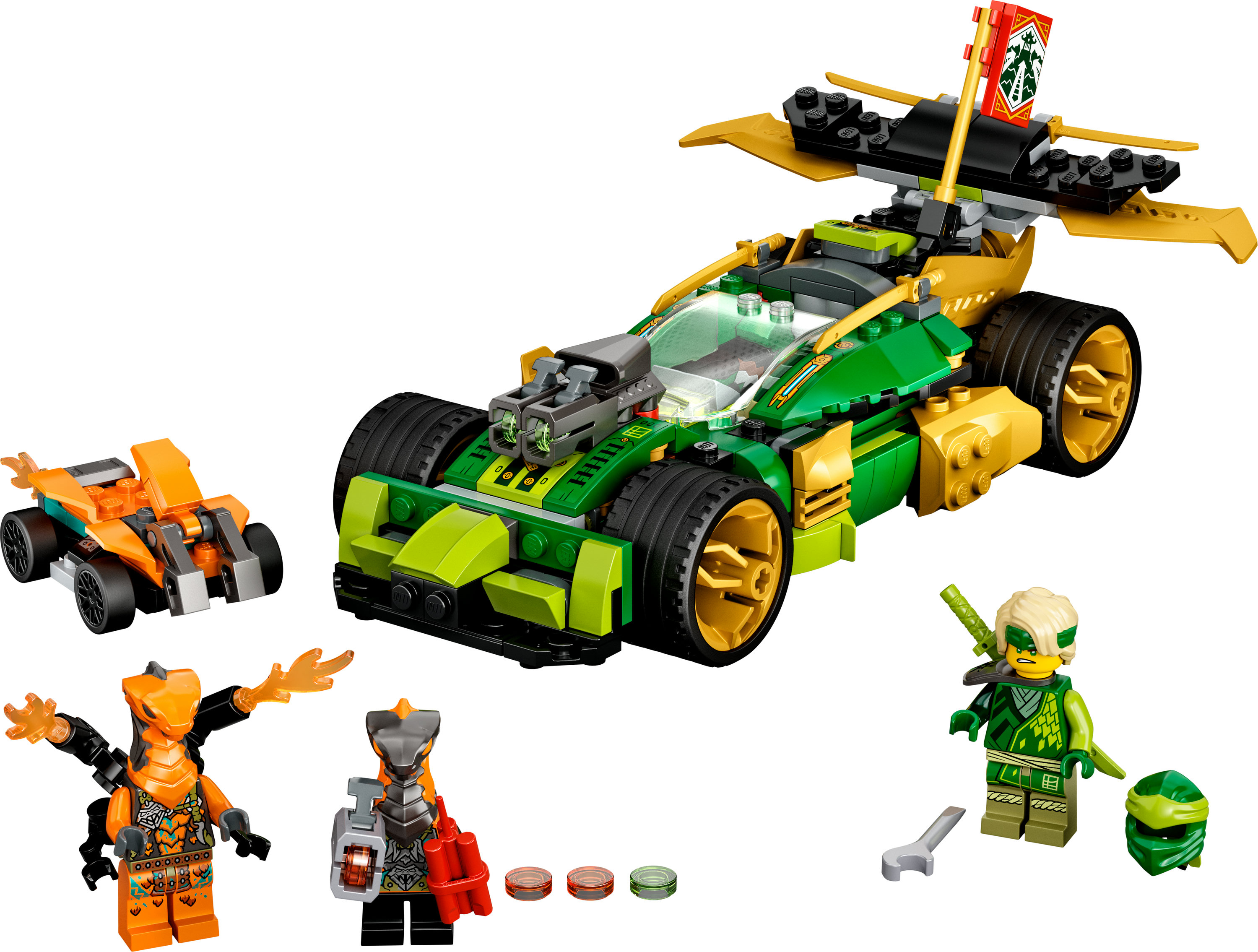 Yeşil bir yarış arabası, iki küçük araç ve ninja karakterlerinin minyatür figürleriyle bir Lego Ninjago seti.