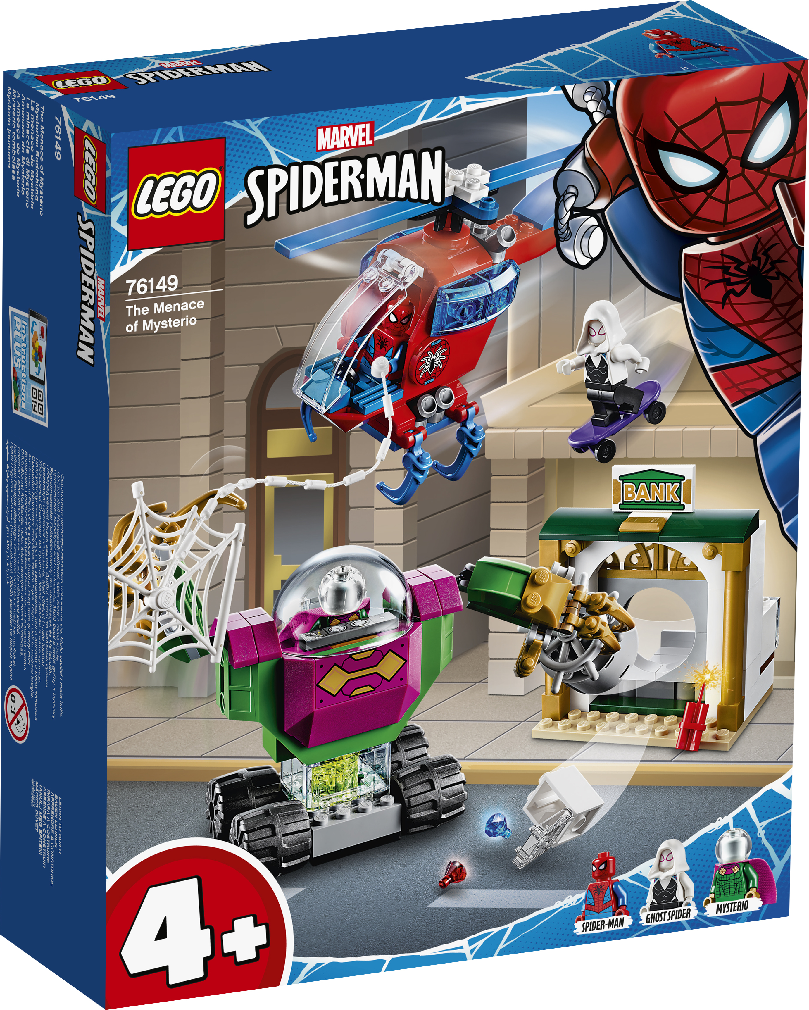Lego Marvel Spider-Man Set. Enthält Spider-Man, Hubschrauber und Mysterio. Die Box hat ein Spider-Man-Bild.