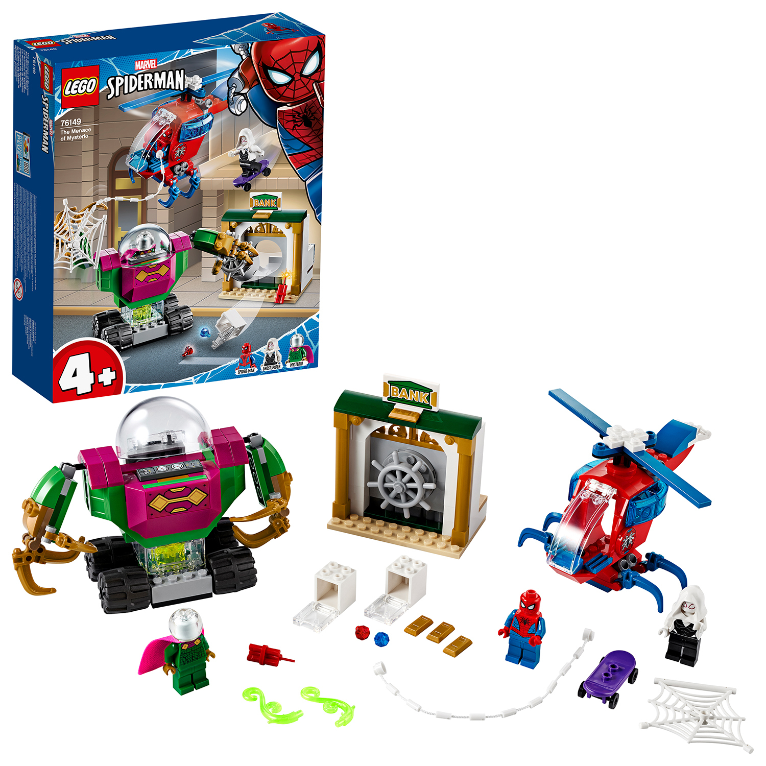 Eine Lego-Set-Box und ihr Inhalt. Enthält einen Roboter, einen Hubschrauber und Spiderman-Figuren.