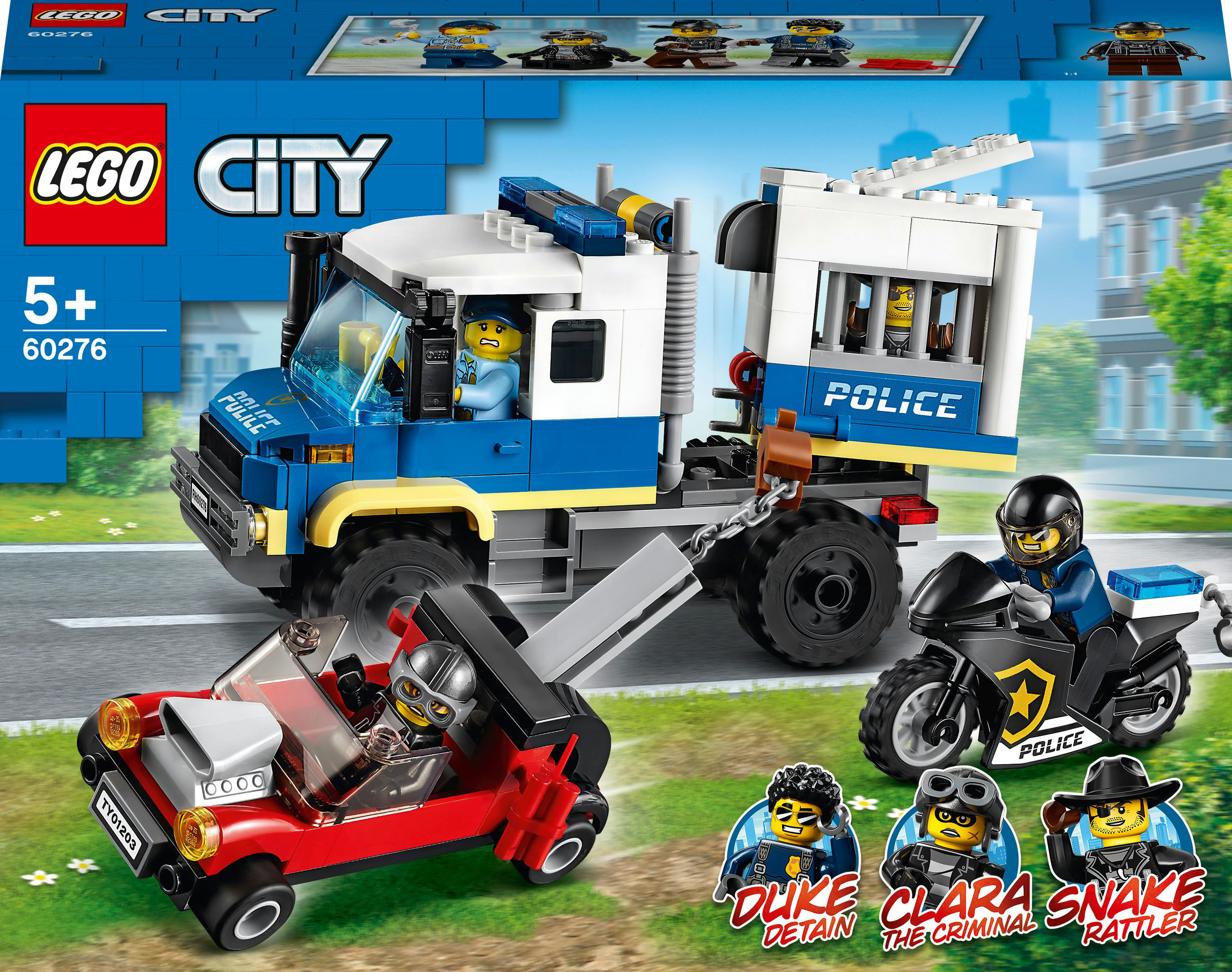 Zestaw Lego City policja. Ciężarówka, samochód i motocykl, a także kilka minifigurek na białym tle.
