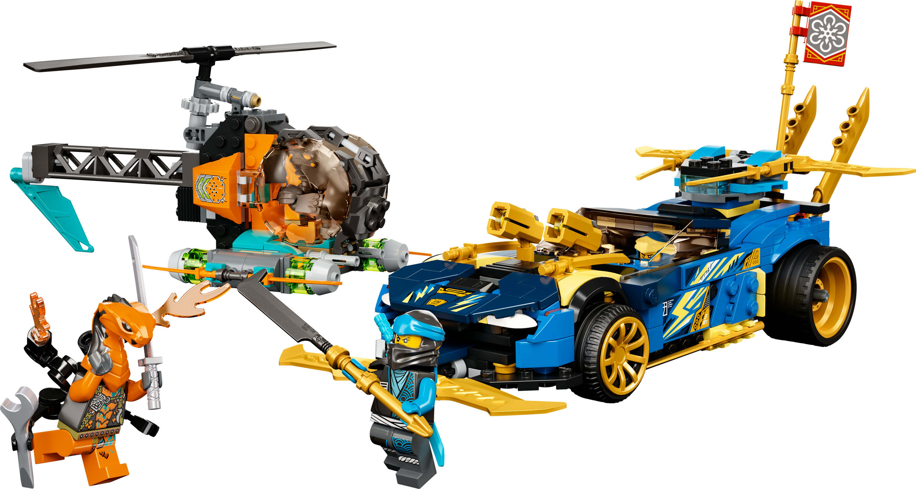 Due set Lego. Uno è un elicottero, l'altro è un'auto da corsa blu, insieme a minifigure Lego.