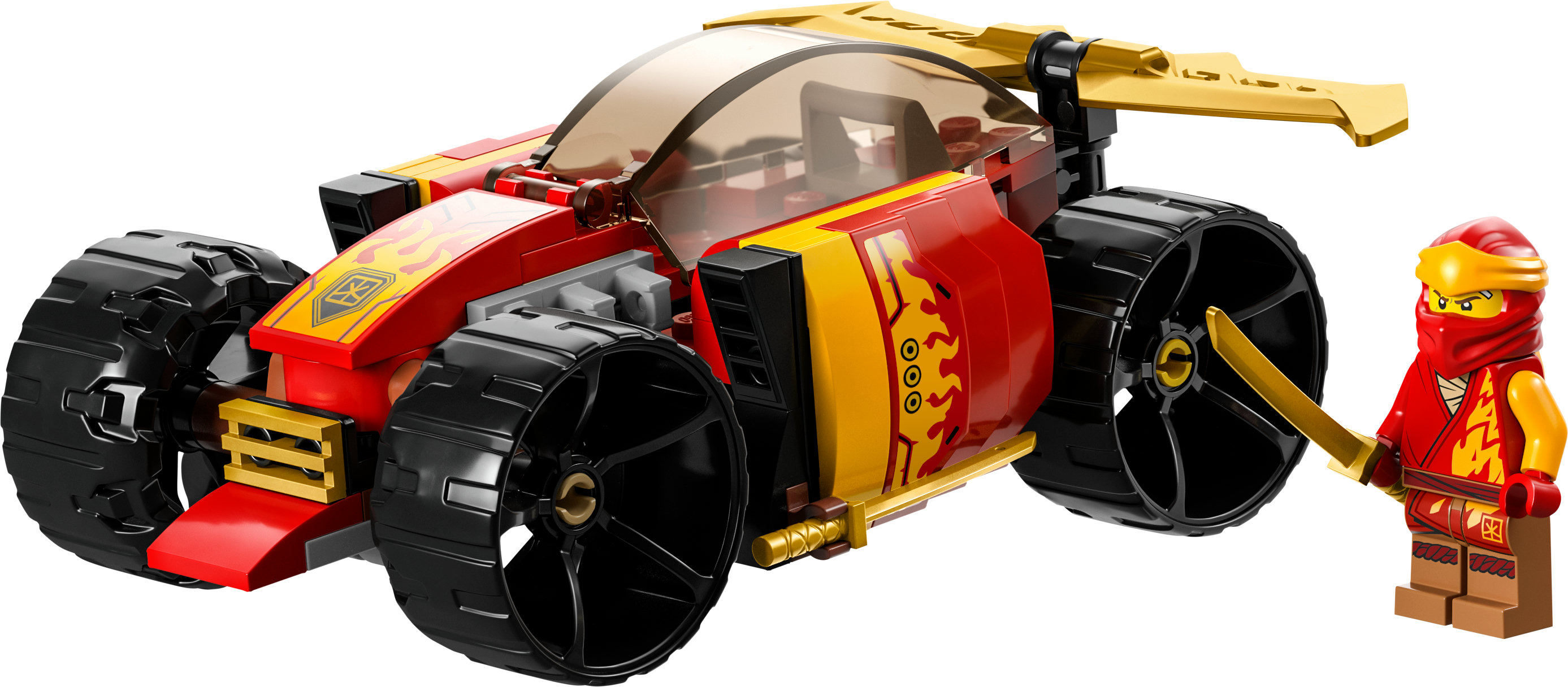 Samochód Lego Ninjago z czerwonymi i złotymi detalami. Minifigurka z kataną w pobliżu.