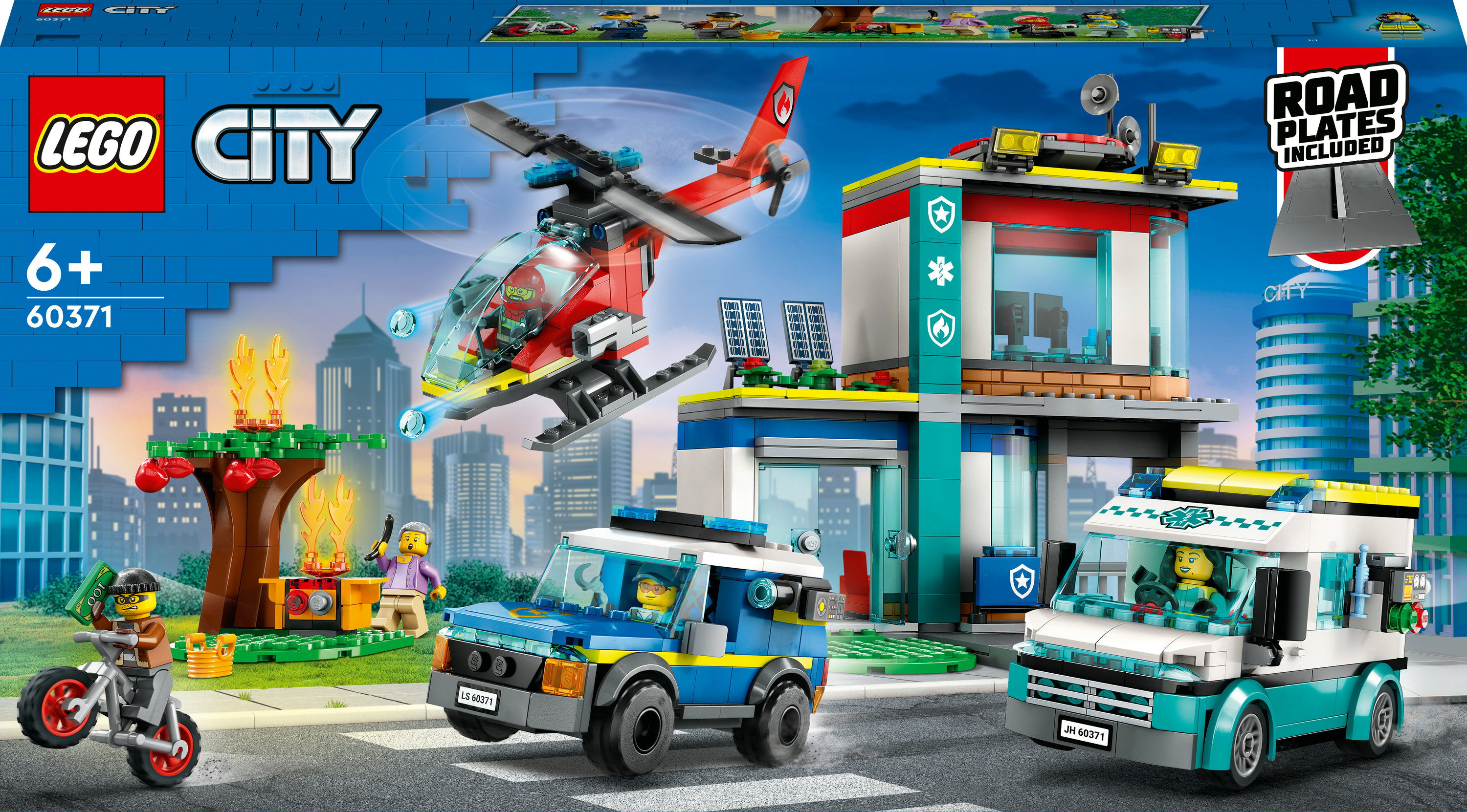 Set Lego City con stazione di polizia, elicottero e veicoli. Le figure sono visibili.