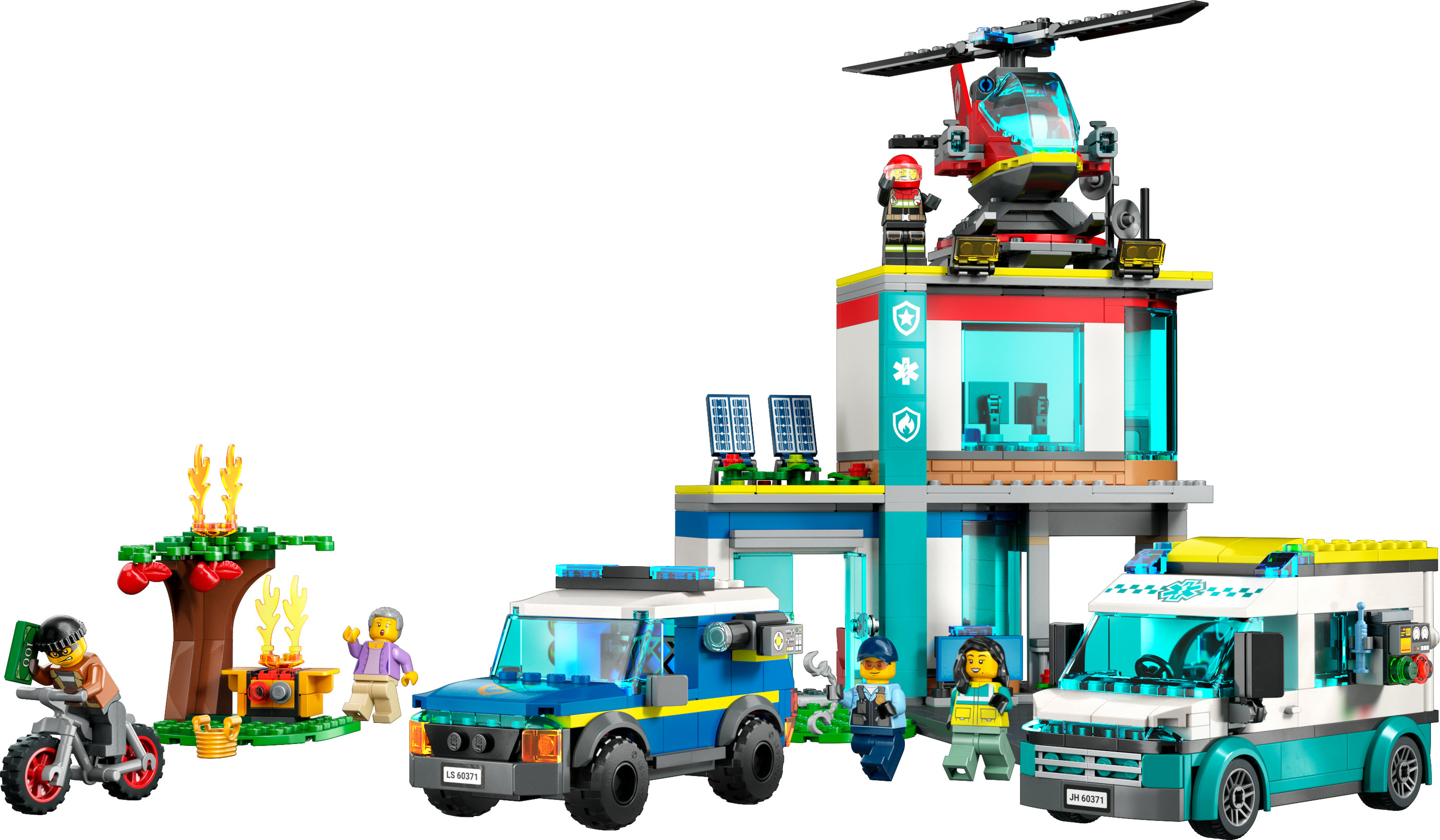 Un set LEGO City raffigura un ospedale, un'auto della polizia, un'ambulanza e un elicottero.