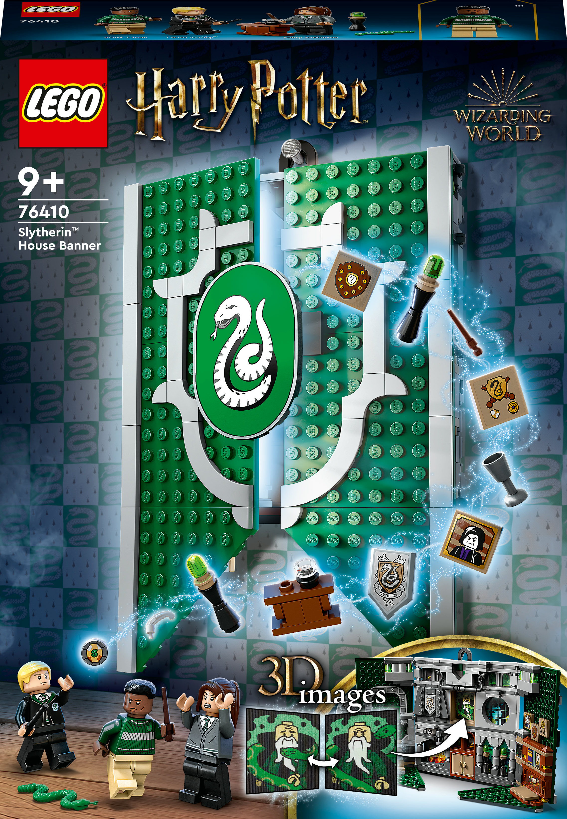 Lego Harry Potter Hogwarts Set. Ein grünes Banner mit Figuren von Harry, Draco und einem Lehrer.