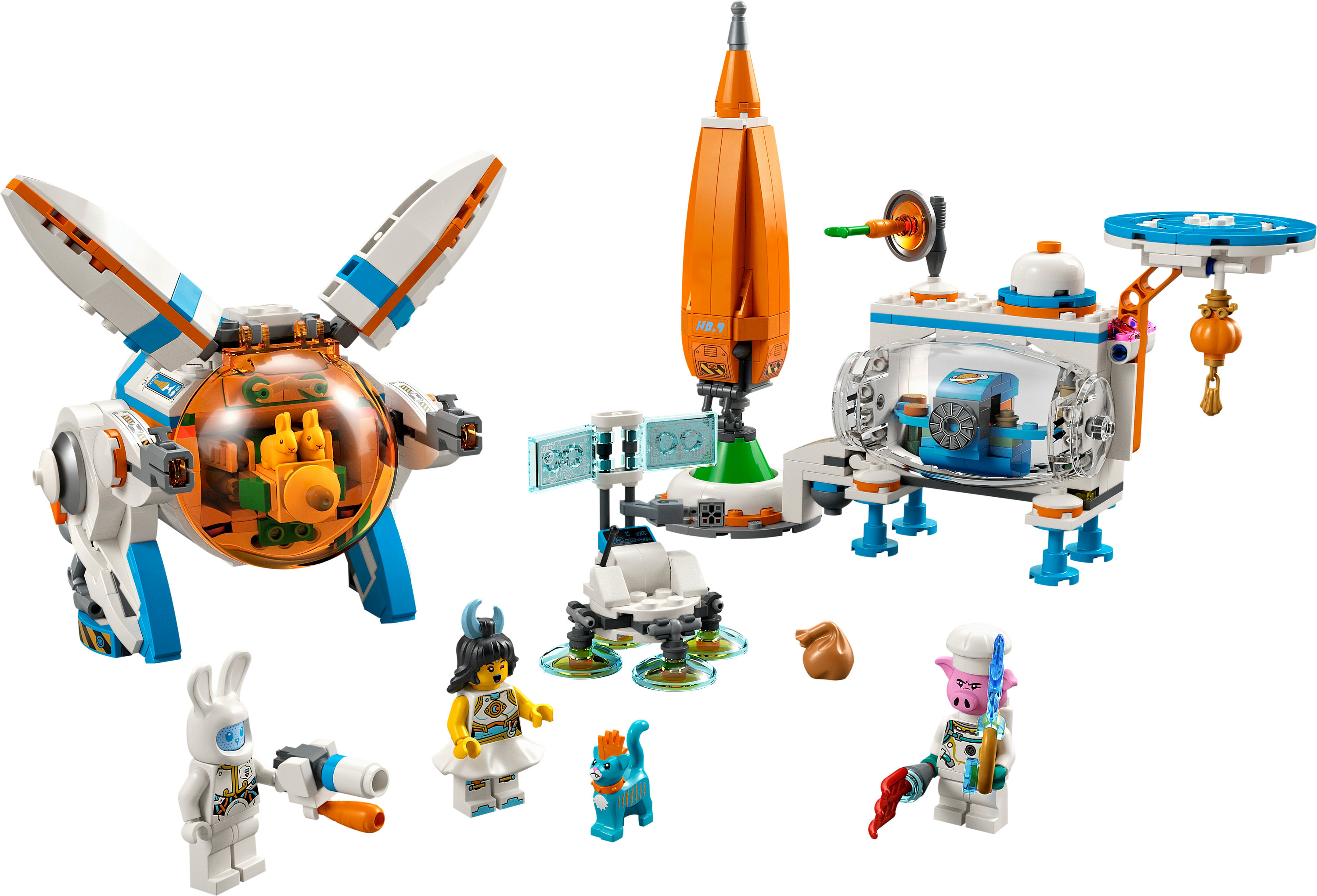 Bir LEGO seti, roket, uzay istasyonu ve çeşitli astronot figürleri içeriyor.