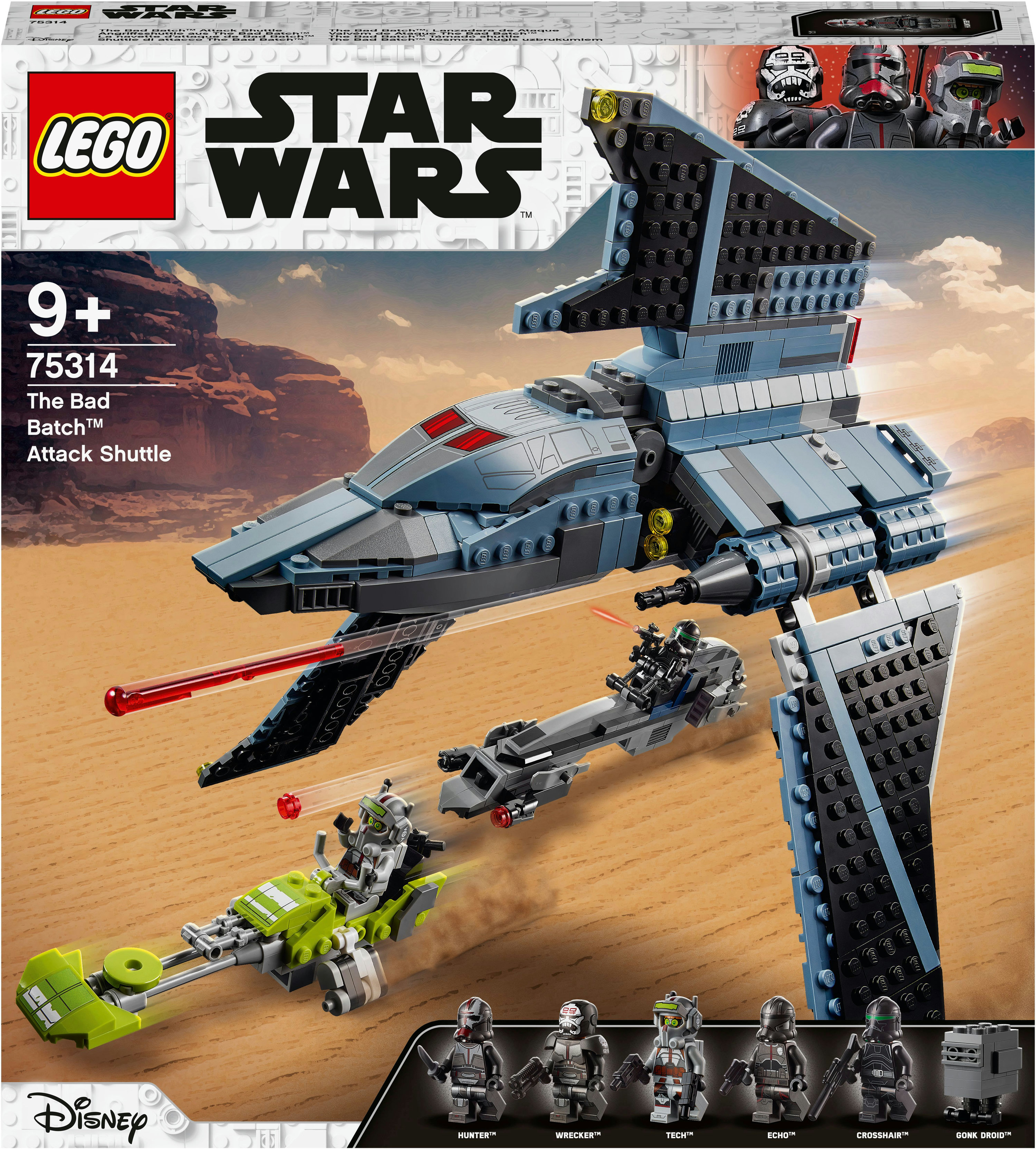 Une boîte de jeu LEGO Star Wars avec un vaisseau spatial et des mini-figurines.