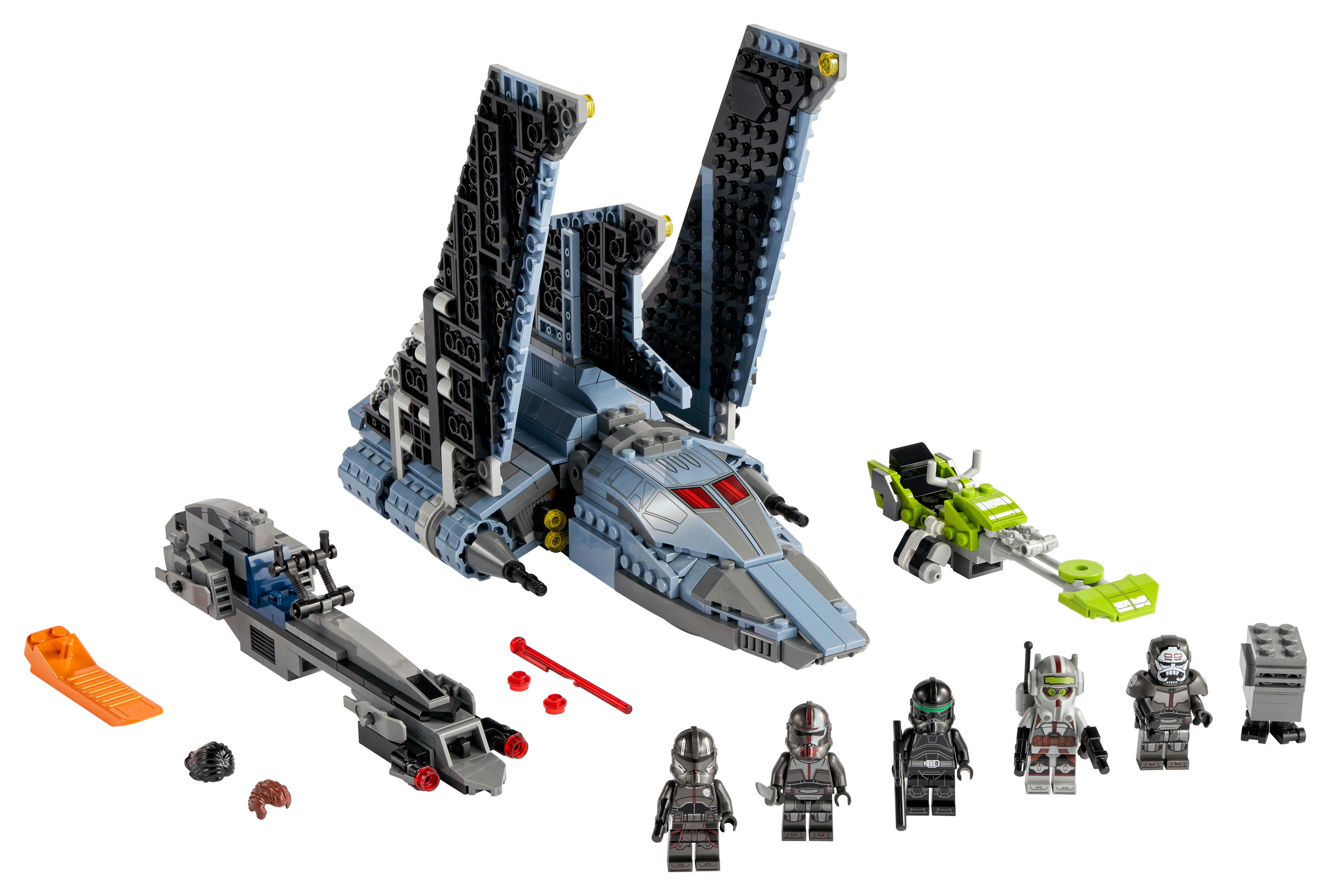 Modèle de navette d'attaque Lego Star Wars The Bad Batch. Comprend des figurines et des accessoires. La navette est grise.