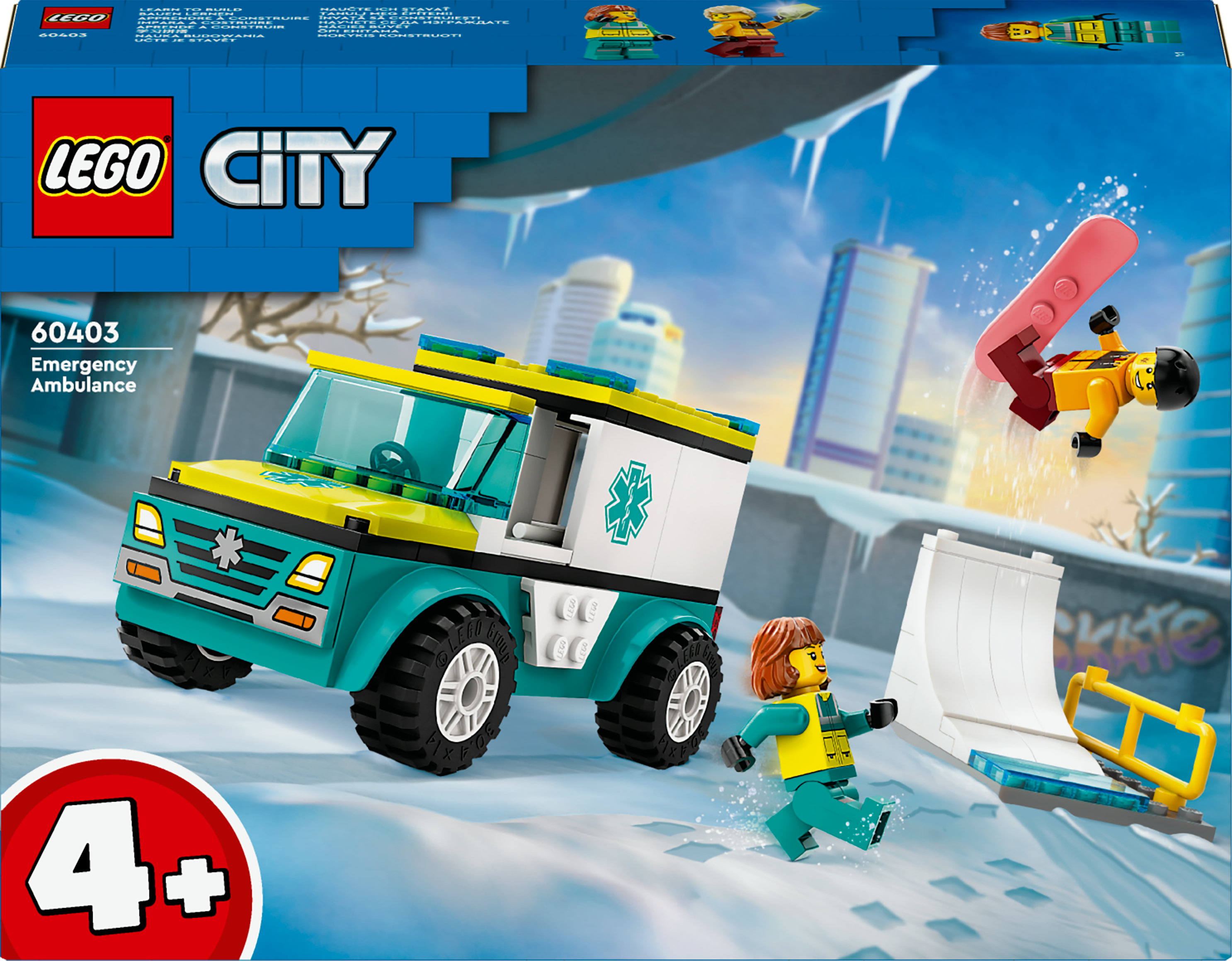 Lego City Acil Durum Ambulansı seti kutusu. Bir ambulans ve bir snowboardcu içerir.