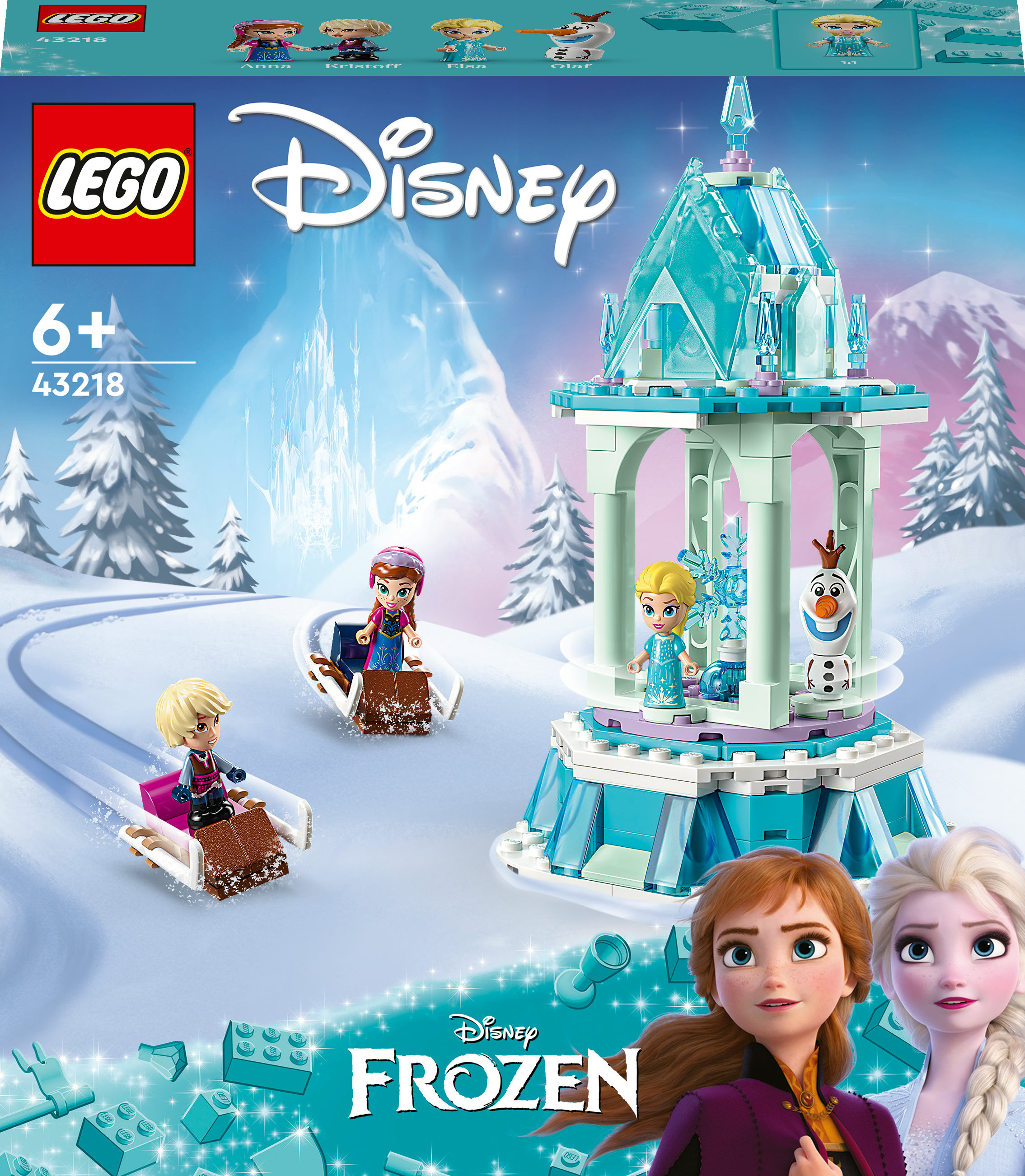 Una caja del set Lego Disney Frozen con personajes y un castillo modelo en un paisaje nevado.