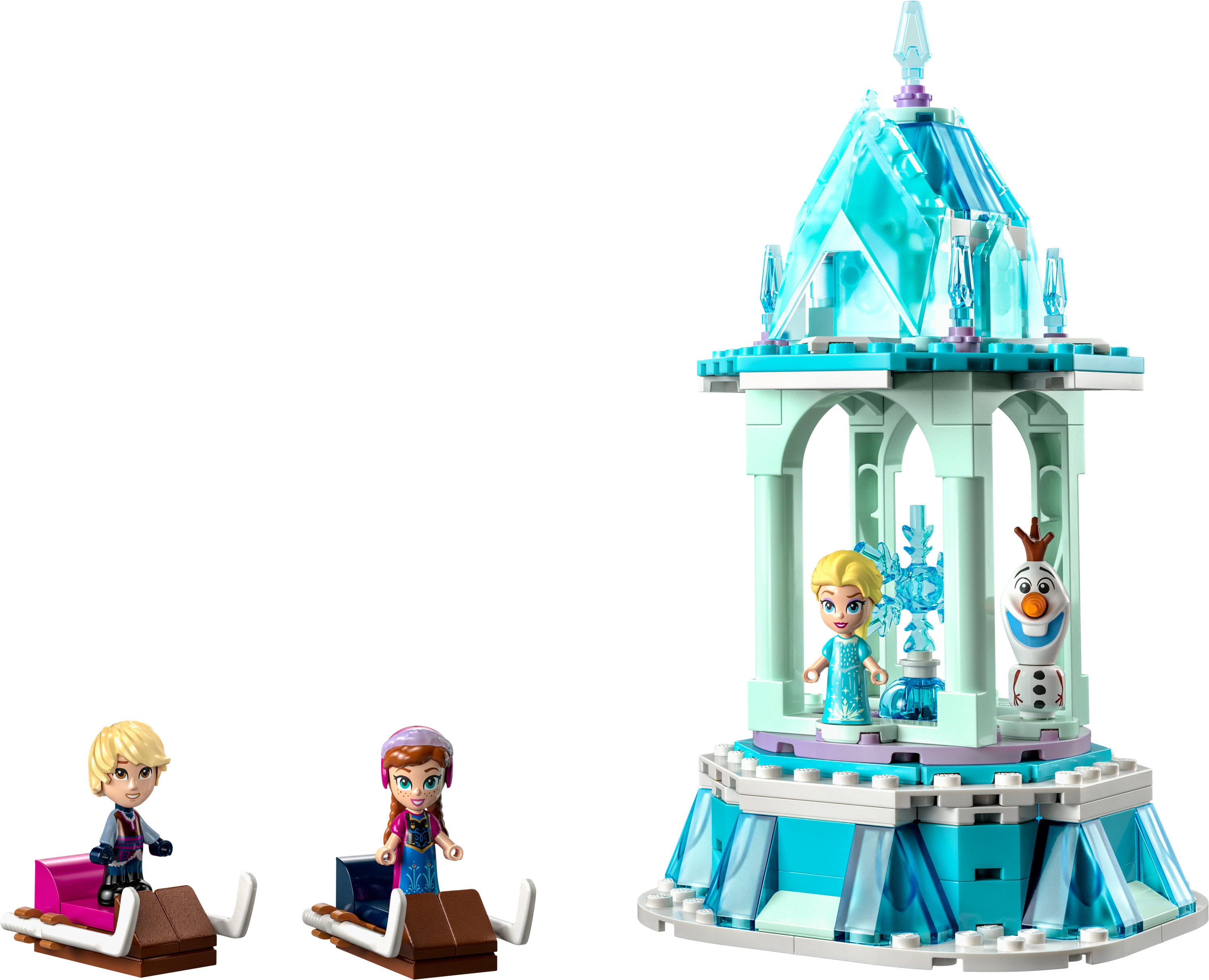 Un set de Lego representa una escena de Frozen con Elsa, Anna y Olaf cerca de una estructura de hielo y trineos.