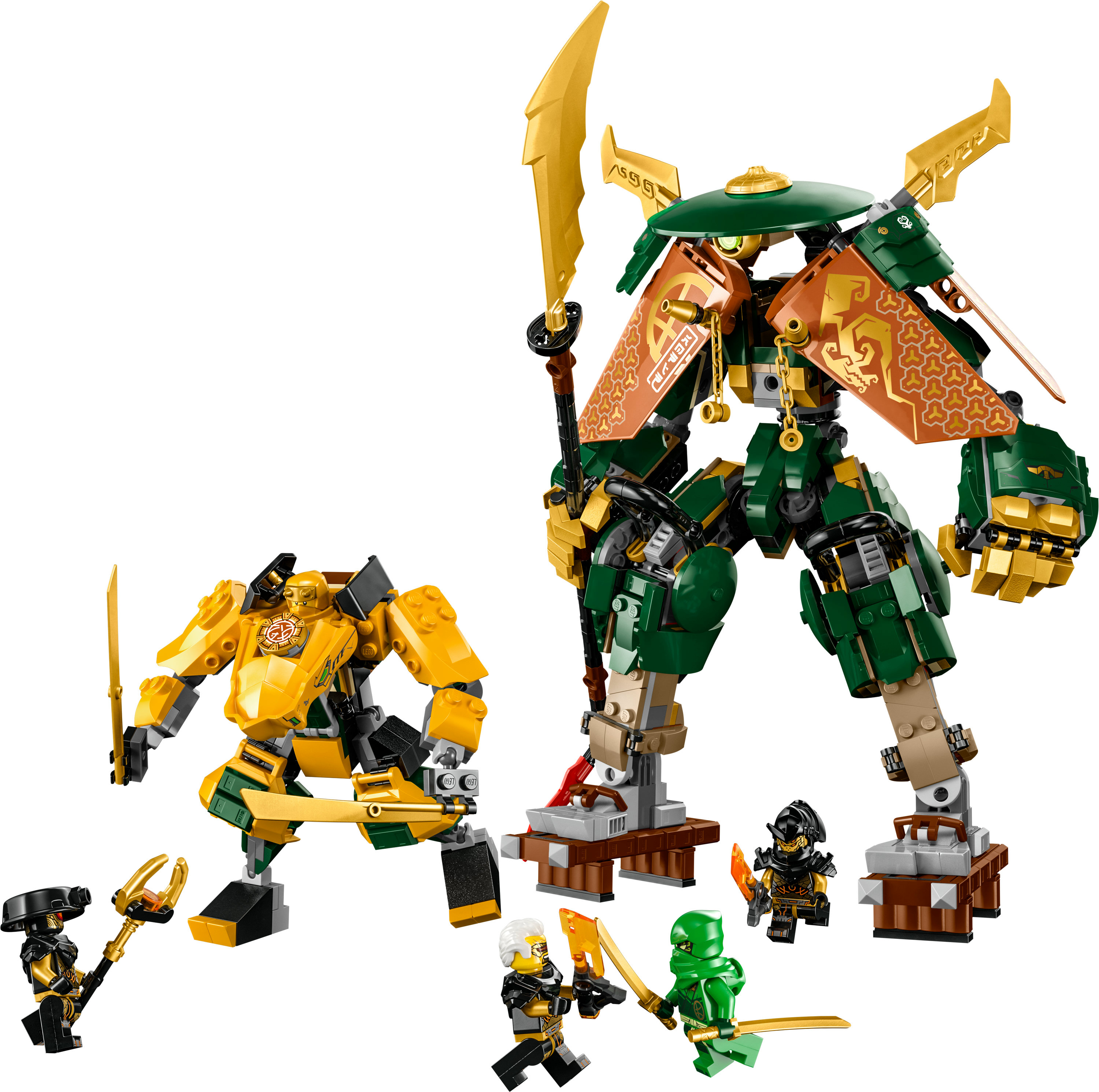 Lego Ninjago set met mechs en minifiguren. Bevat een grote groene mech en een gele mech.