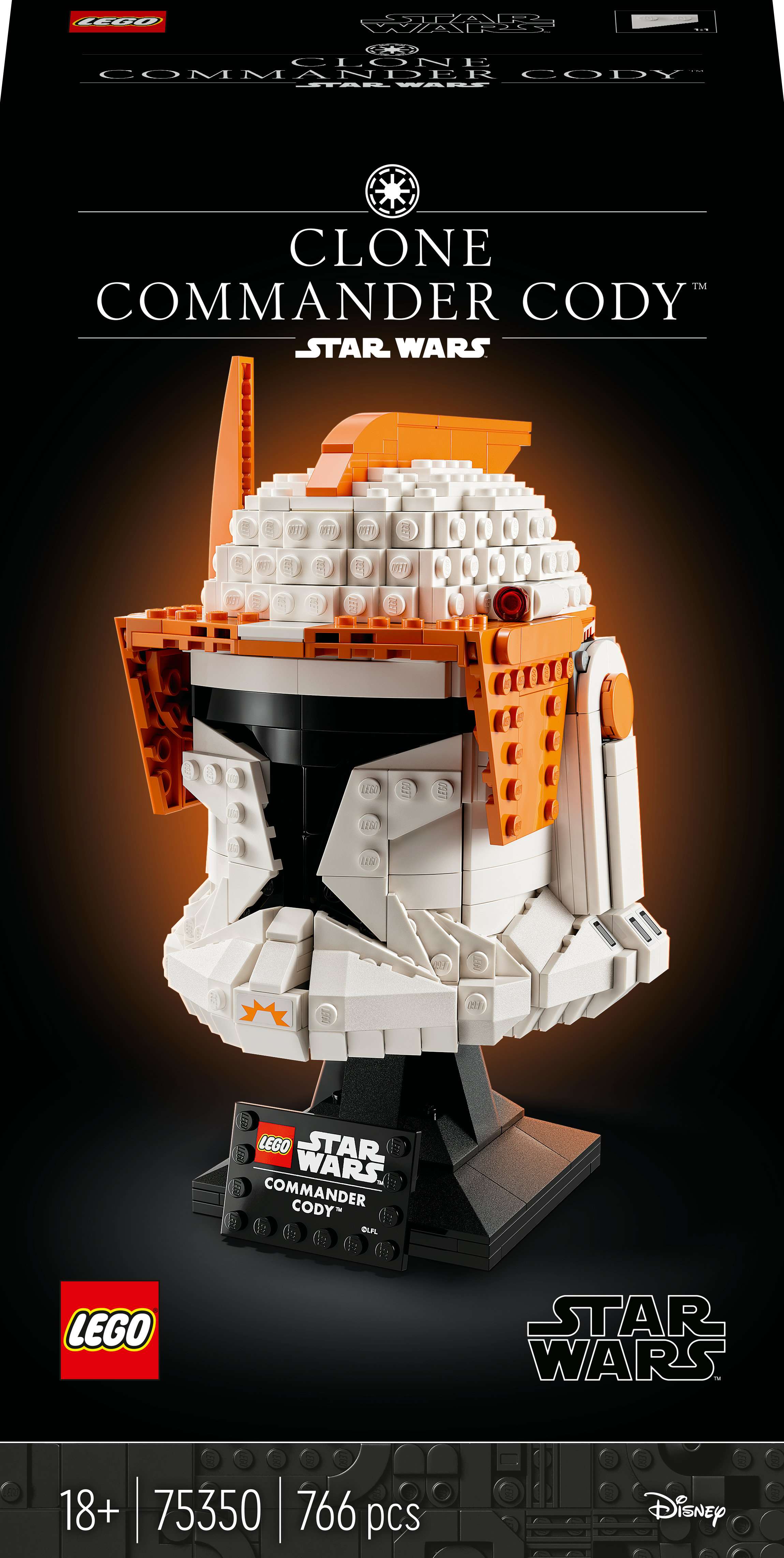 Popiersie Lego Star Wars Clone Commander Cody na czarnym stojaku, z logo i szczegółami zestawu.