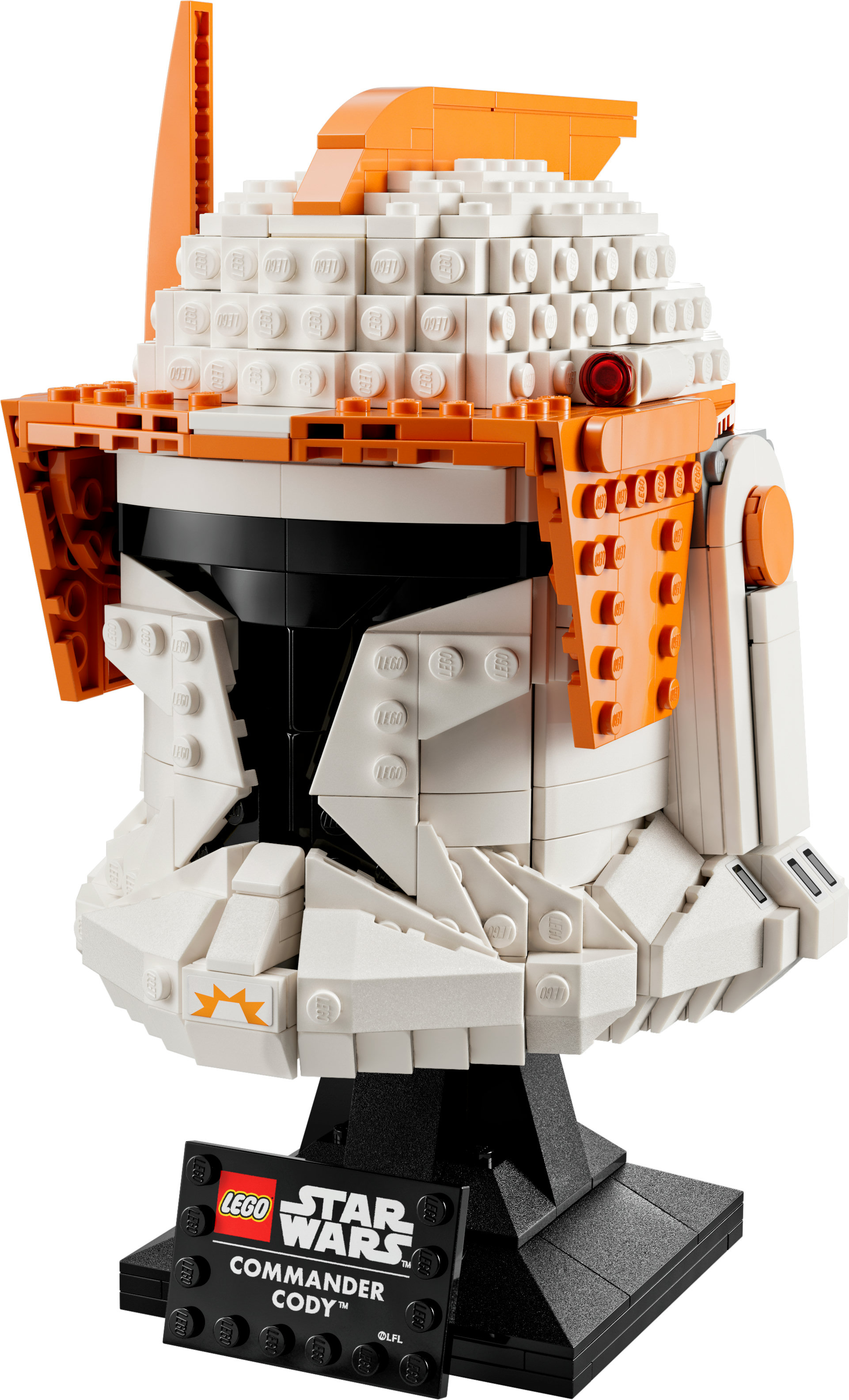 Hełm Lego Star Wars Komandora Cody'ego na czarnej podstawie.